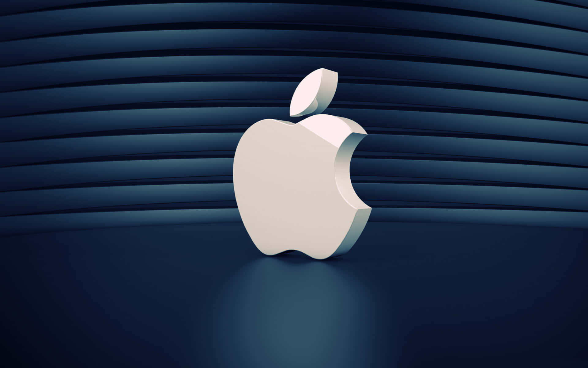 深藍色彎曲條紋背景上的白色Apple標誌