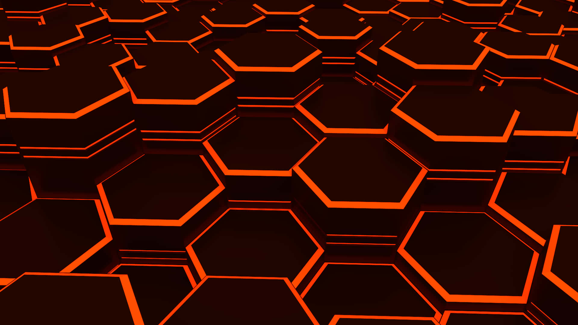 抽象的3D六邊形網格，在深色表面上帶有發光的橙色邊緣。