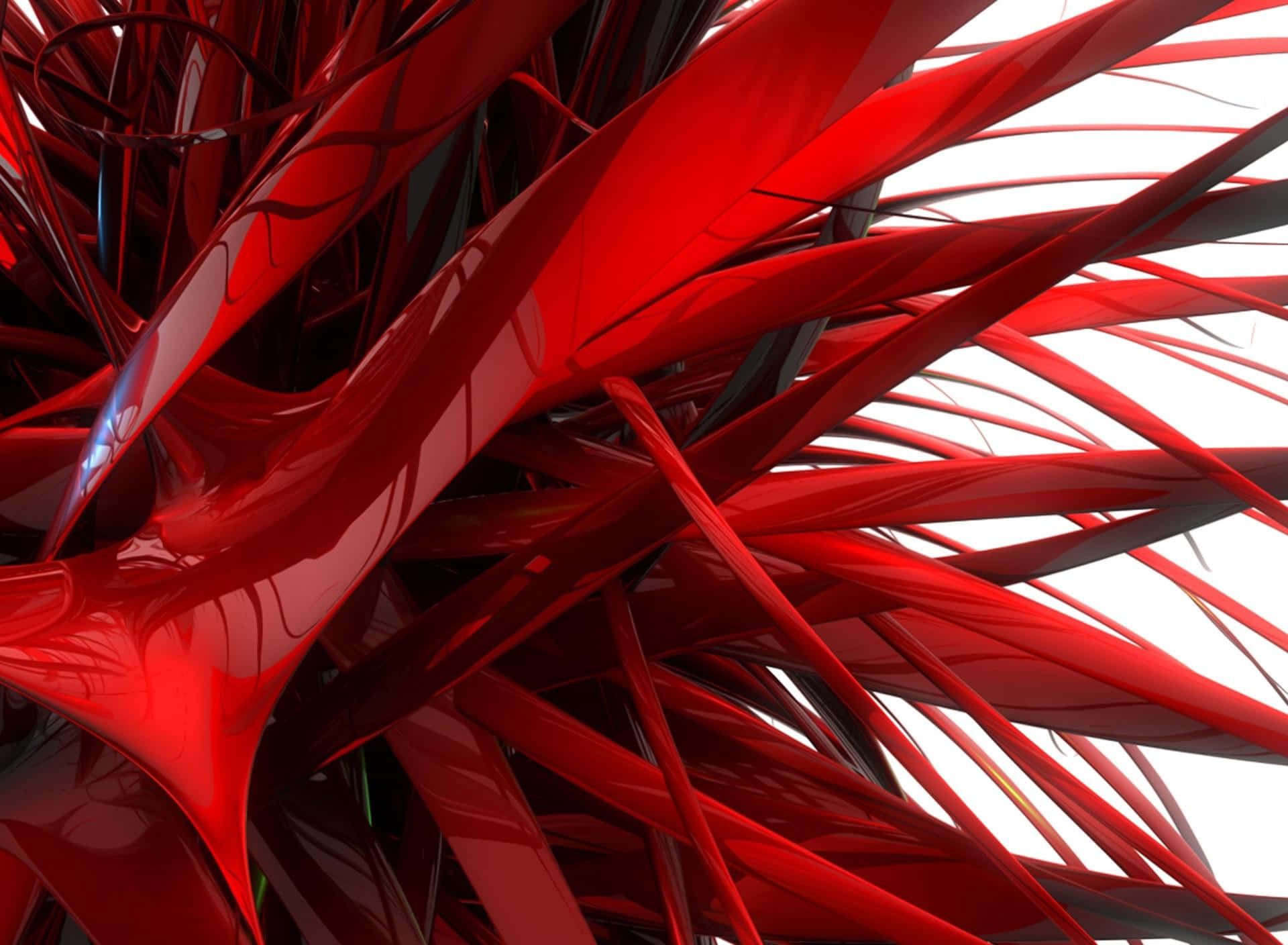 3D視覺傑作 壁紙 — 充滿活力的光澤紅色抽象形態在純白背景上扭轉流動，營造出動態的雕塑構圖。