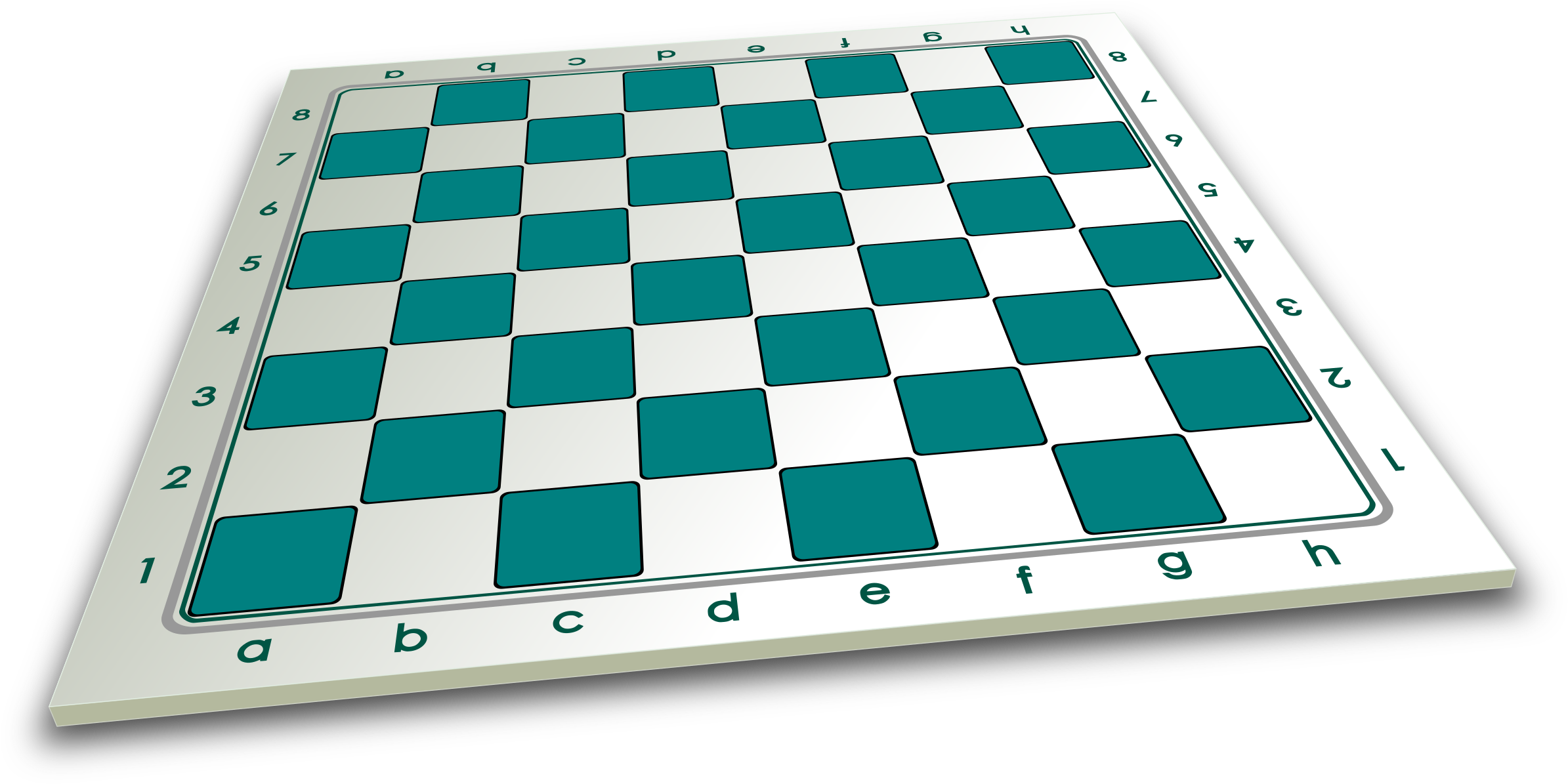 3D視角空棋盤 壁紙 — 一個傾斜的國際象棋棋盤，帶有青綠色和白色方格，標有 a-h 和 1-8，背景為黑色。