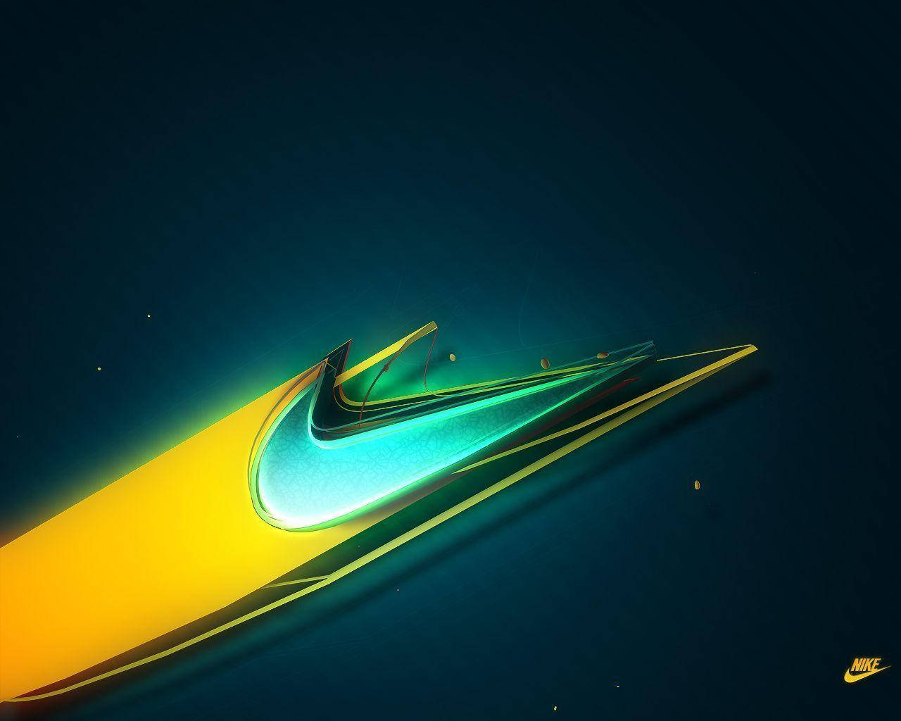 3D酷炫耐克勾藝術 壁紙 — 發光的Nike勾號在深邃宇宙藍色背景上散發出鮮豔的黃色和藍綠色，並帶有漂浮的粒子。