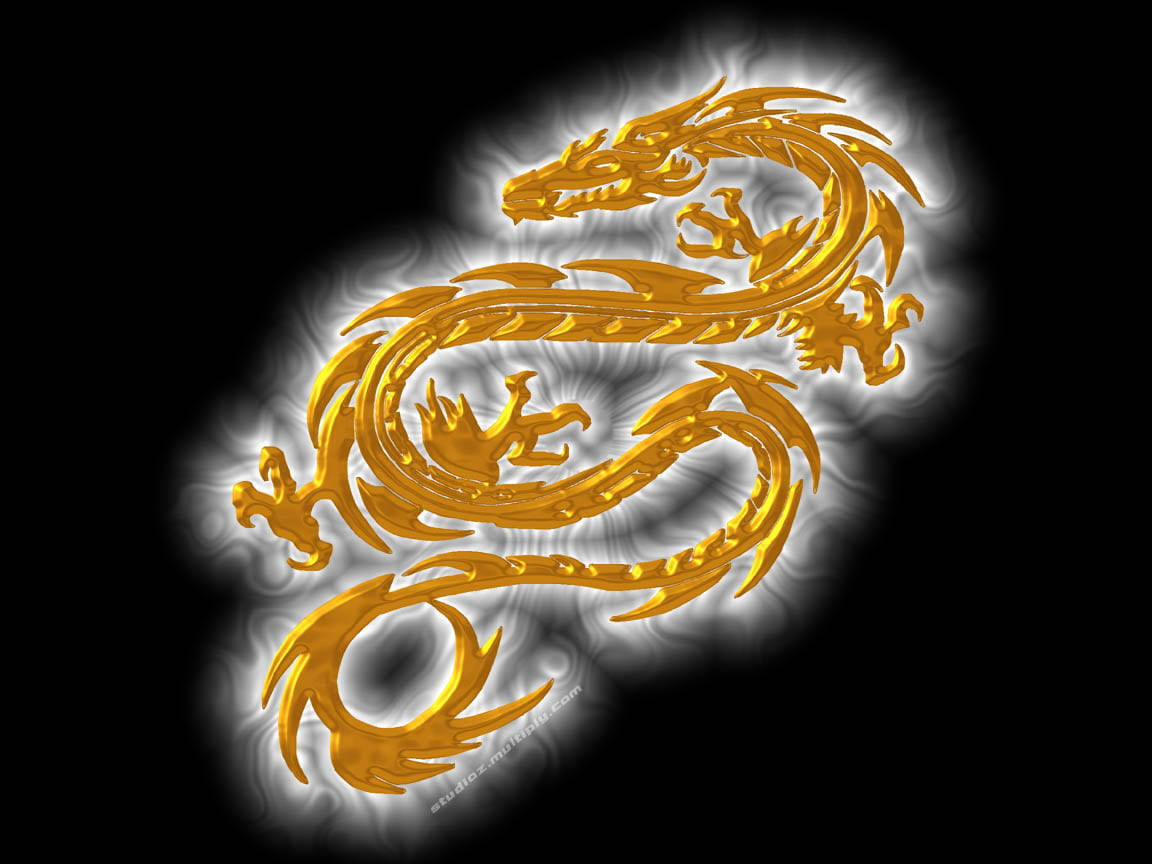 一條金色龍帶有發光邊緣，在深色背景上與白色能量一起旋轉。