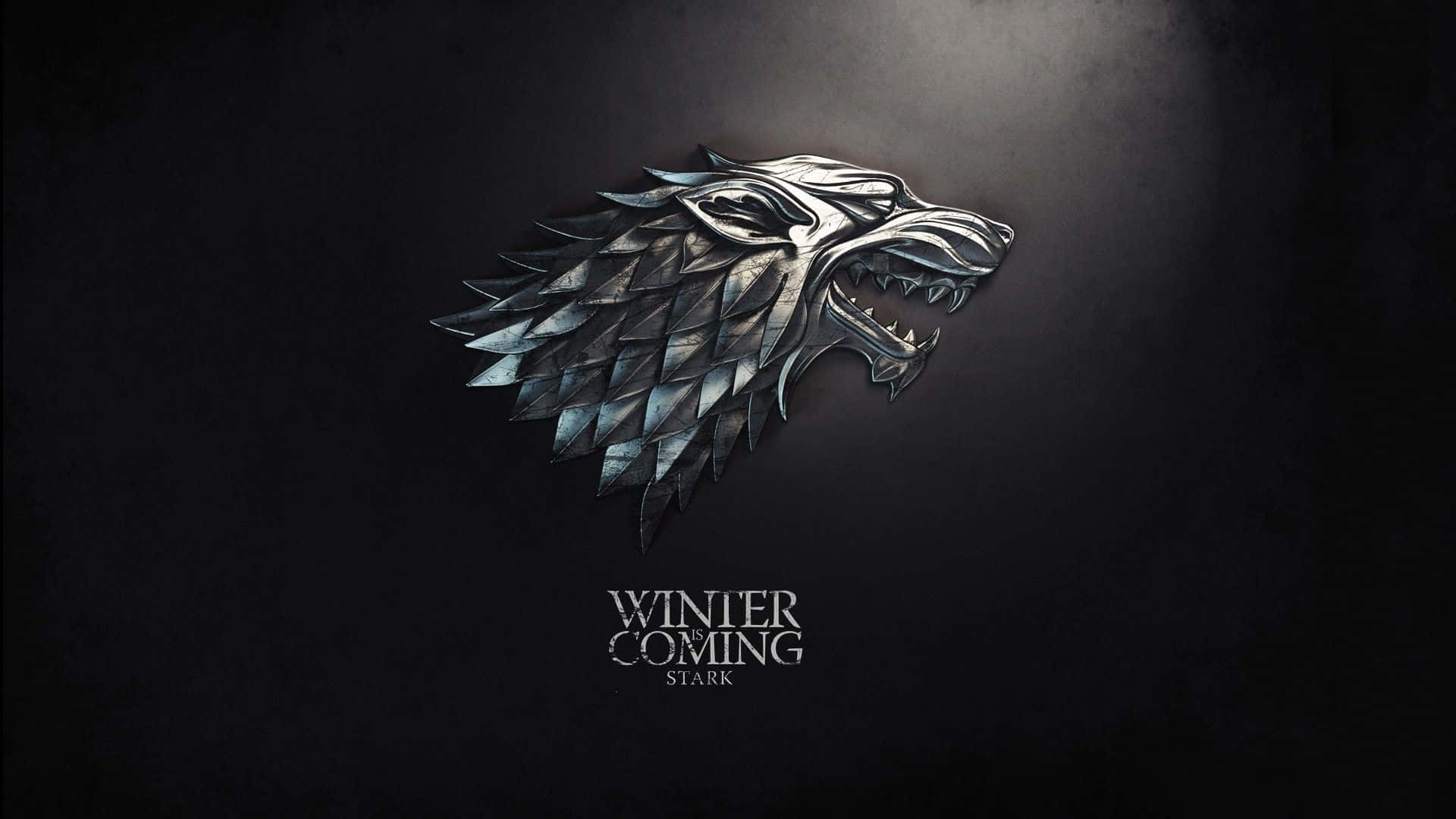 金屬冰原狼頭標誌，深色背景上帶有'Winter is Coming Stark'文字。