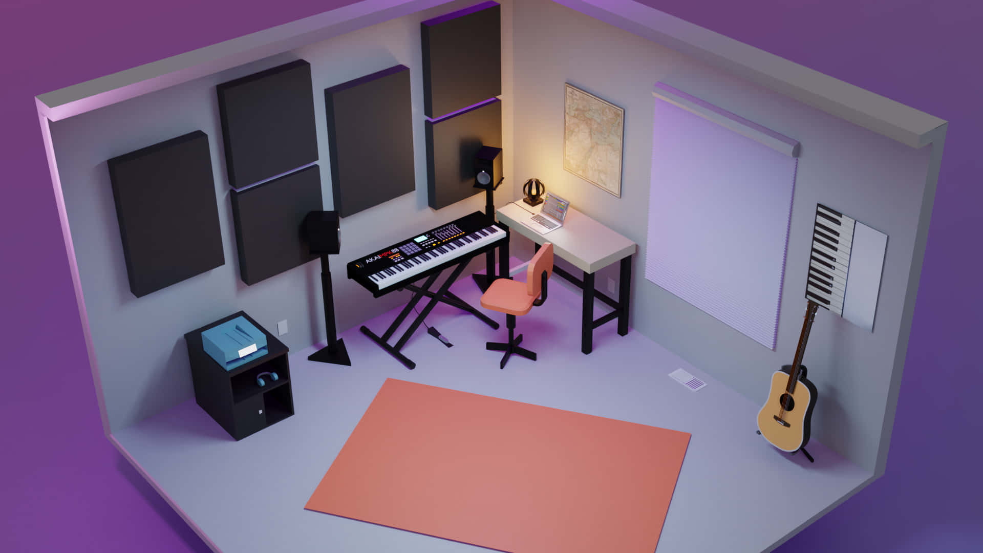 3D音樂房間 壁紙 — 一個現代音樂工作室，配有鍵盤、結他、書桌和隔音板，在紫色環境燈光下。