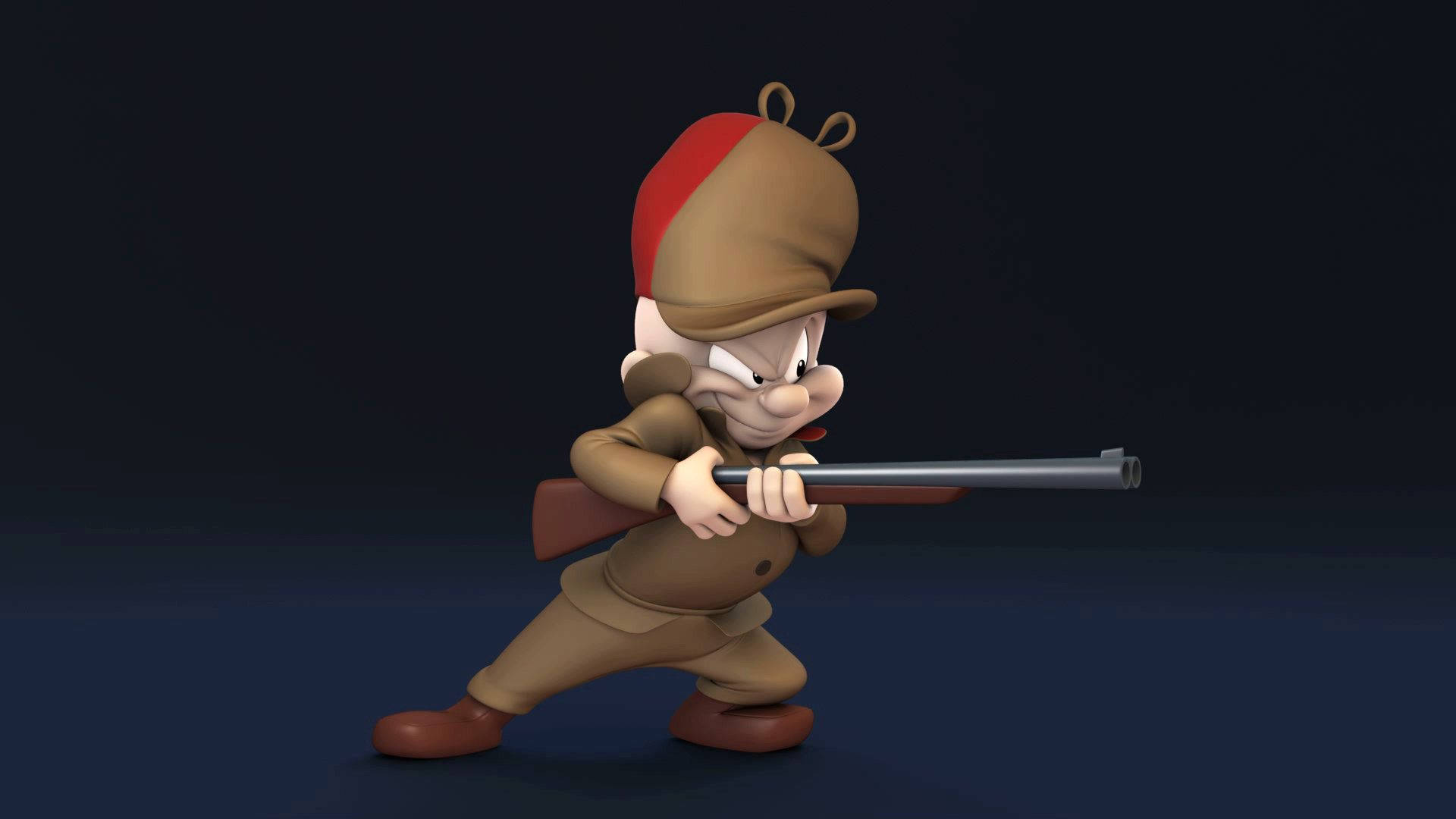 3D風格 Elmer Fudd 獵人形象 壁紙 — 一個卡通獵人穿著棕色衣服和紅色帽子，在深藍色背景下專注地瞄準步槍。