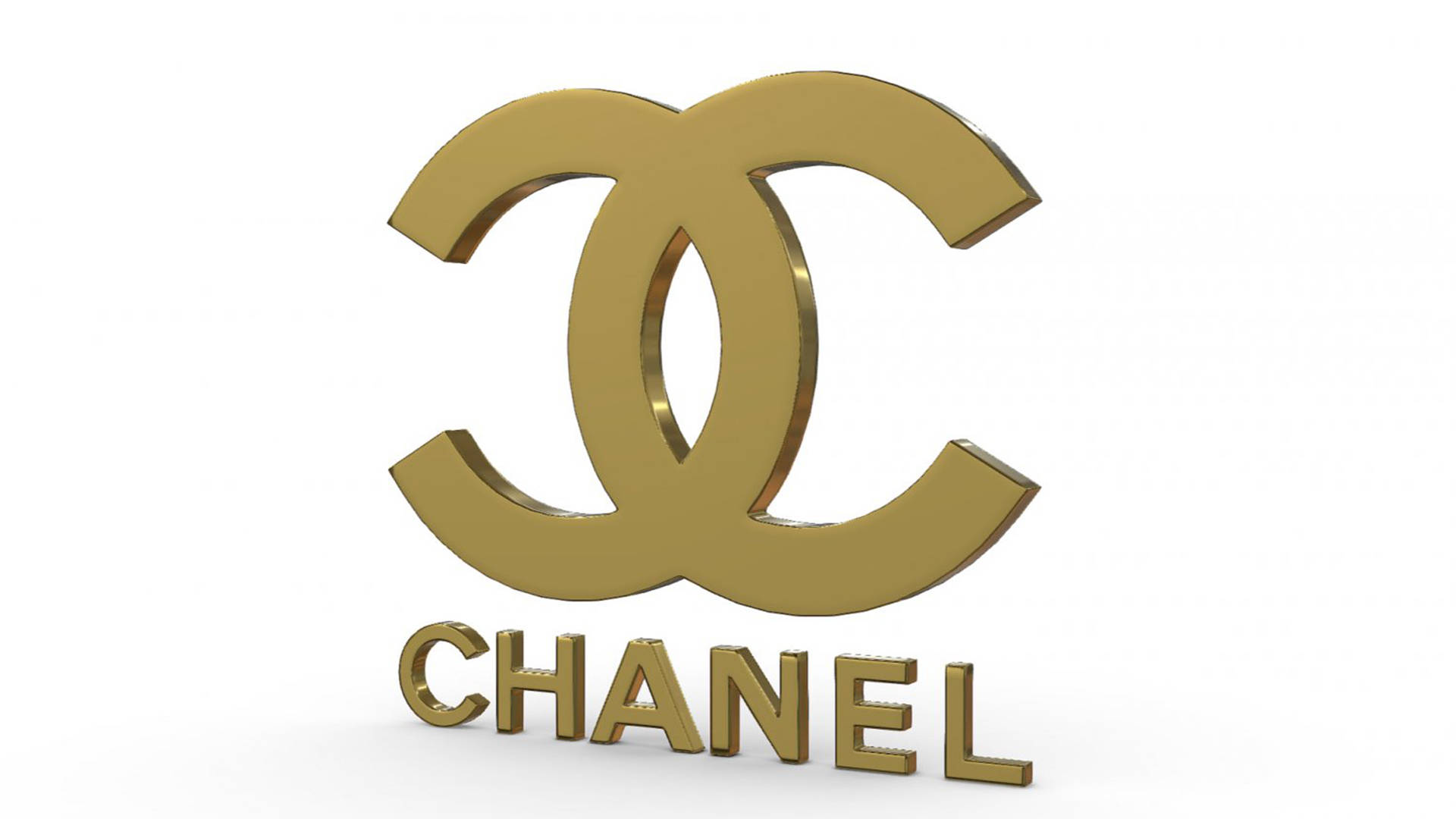 3D香奈兒標誌 壁紙 — 金色Chanel標誌，帶有交織的CC和品牌名稱，以3D渲染呈現，背景為白色。