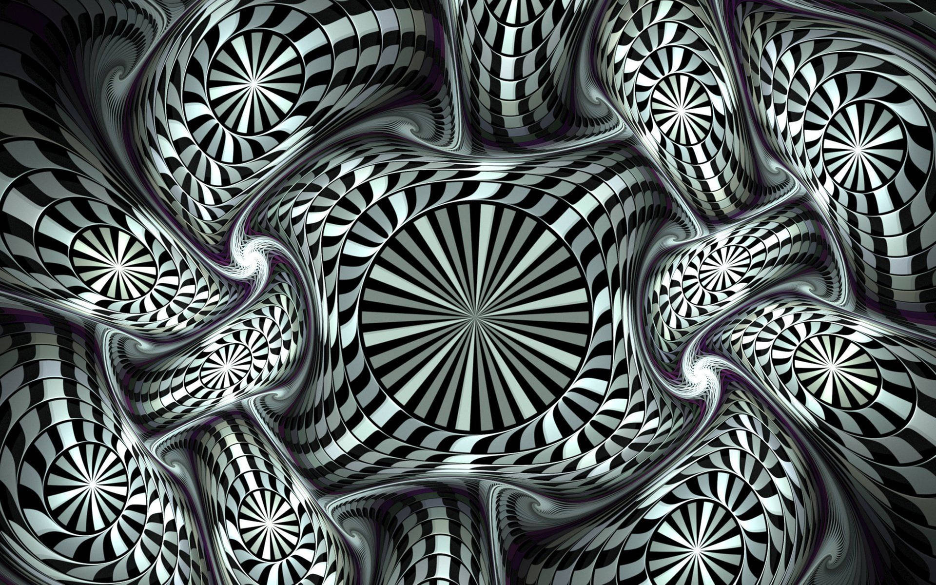 黑白旋轉放射狀圖案，帶有光澤紫色亮點，營造出3D錯視效果。