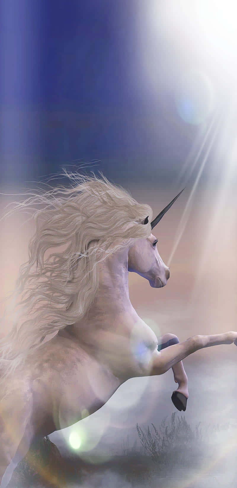 一隻帶角的白色獨角獸在迷霧般的奇幻場景中跳過發光的光束。
