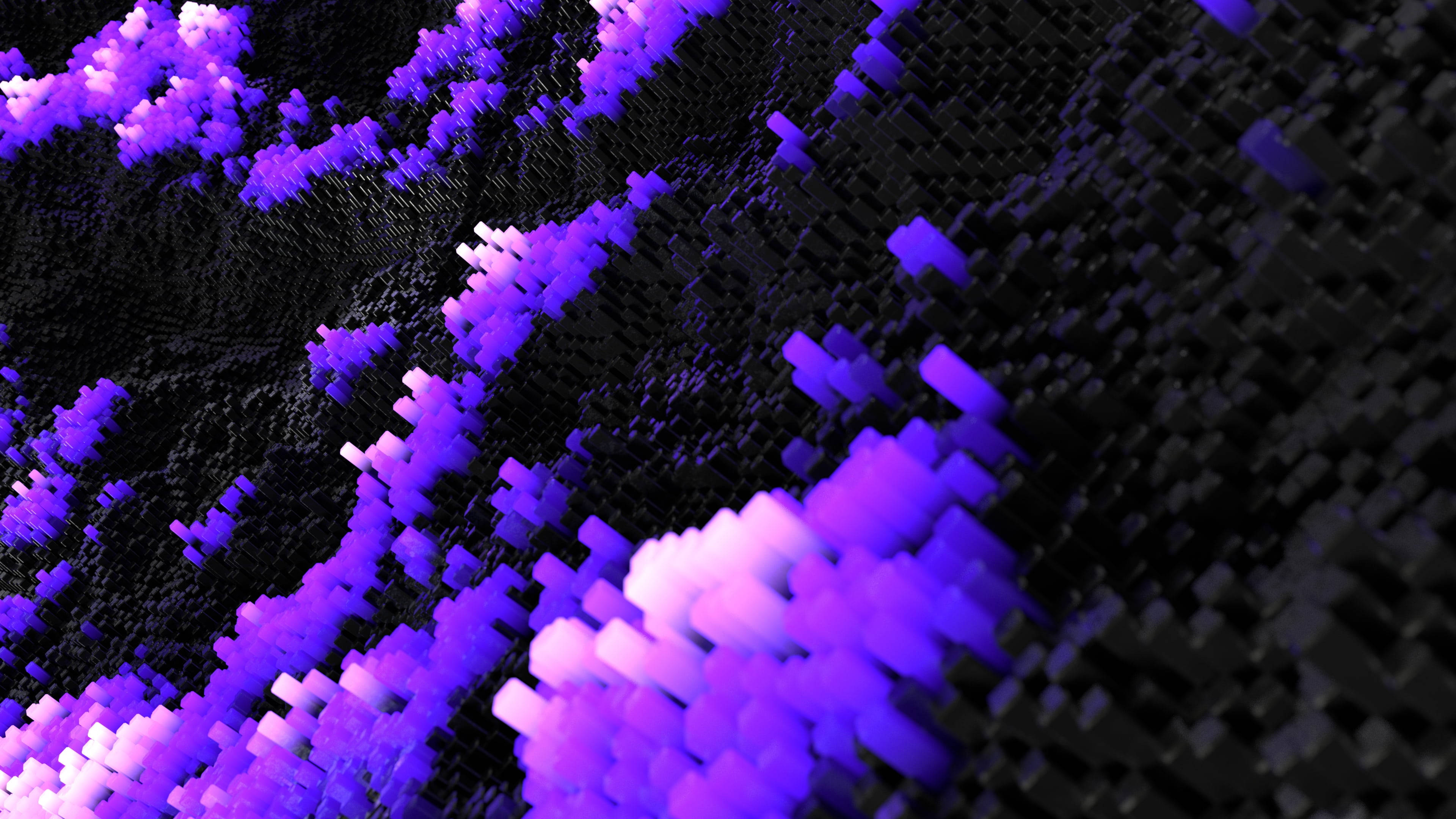 3D黑紫風格抽象藝術 壁紙 — 一個數碼抽象景觀，由從黑暗紋理表面升起的發光紫色像素立方體組成。
