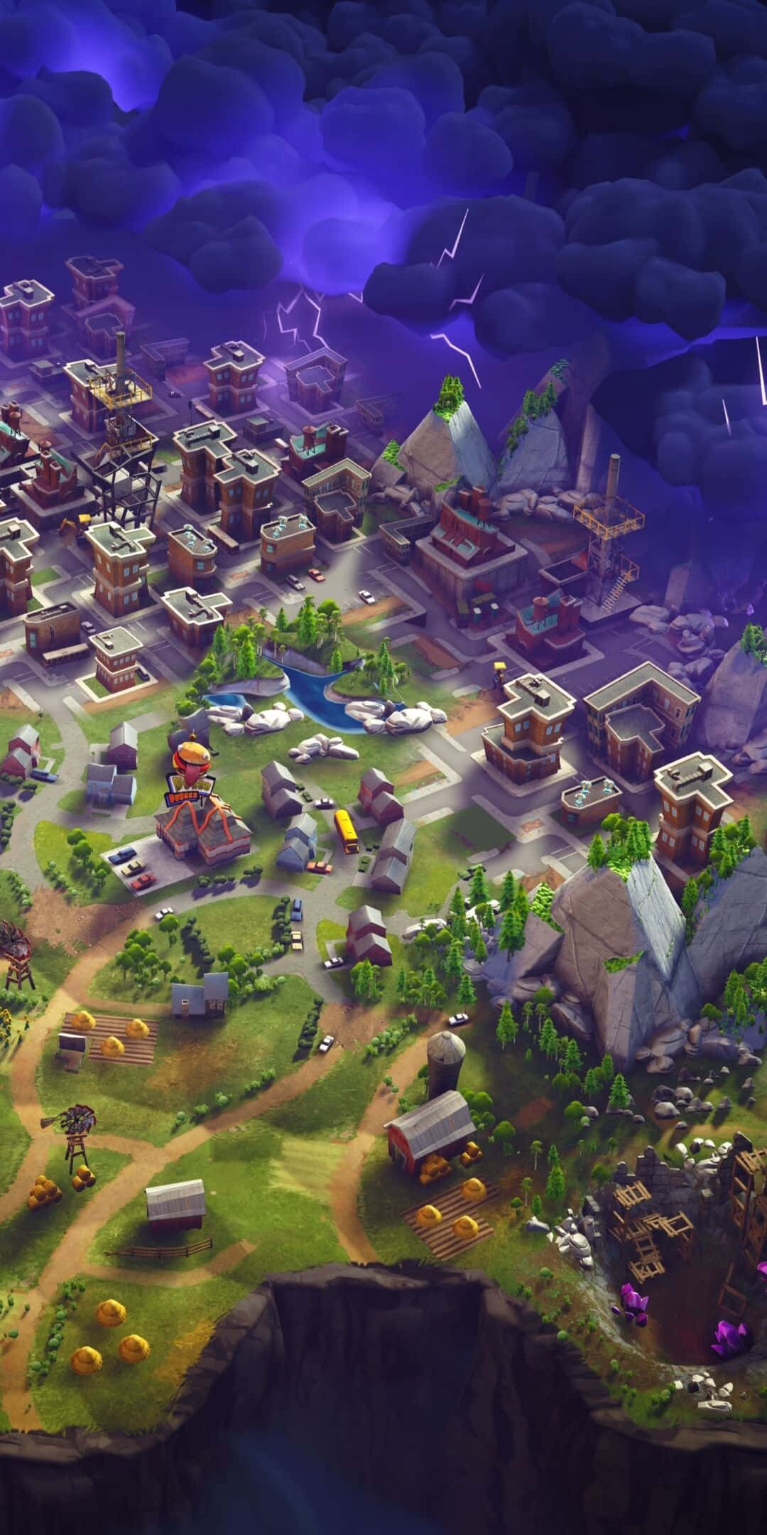 像素 3《Fortnite 競技場大逃殺》背景：戰鬥 arena 與暴風圈 壁紙 — 一個充滿活力的卡通小鎮坐落在山谷中，上方是暴風雨般的紫色天空，閃電劃過。