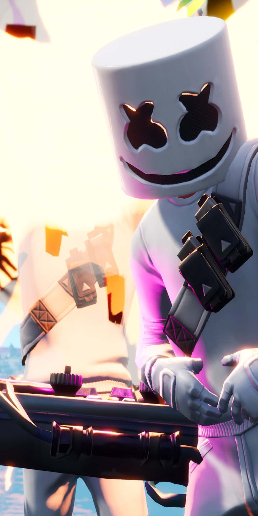 像素 3《Fortnite 競技場大逃殺》背景：Marshmello 壁紙 — 一個發光的白色棉花糖頭盔DJ，帶著燦爛的笑容和黑色眼睛鏤空，在明亮燈光下演奏未來風格的控制器。