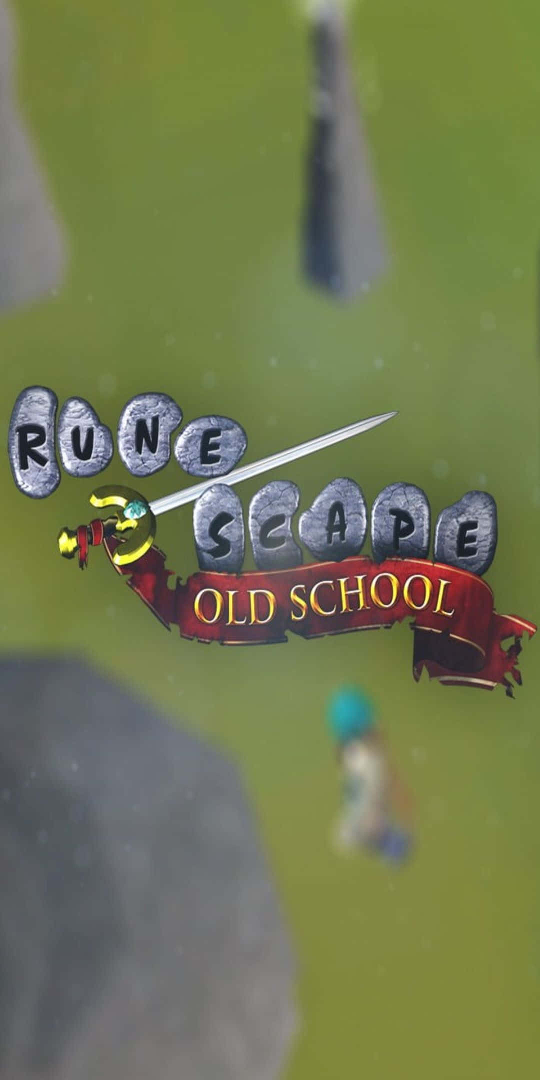 經典版像素3《RuneScape》背景 壁紙 — RuneScape Old School 標誌發光，一把劍刺穿石頭字母，背景是模糊的綠色風景。