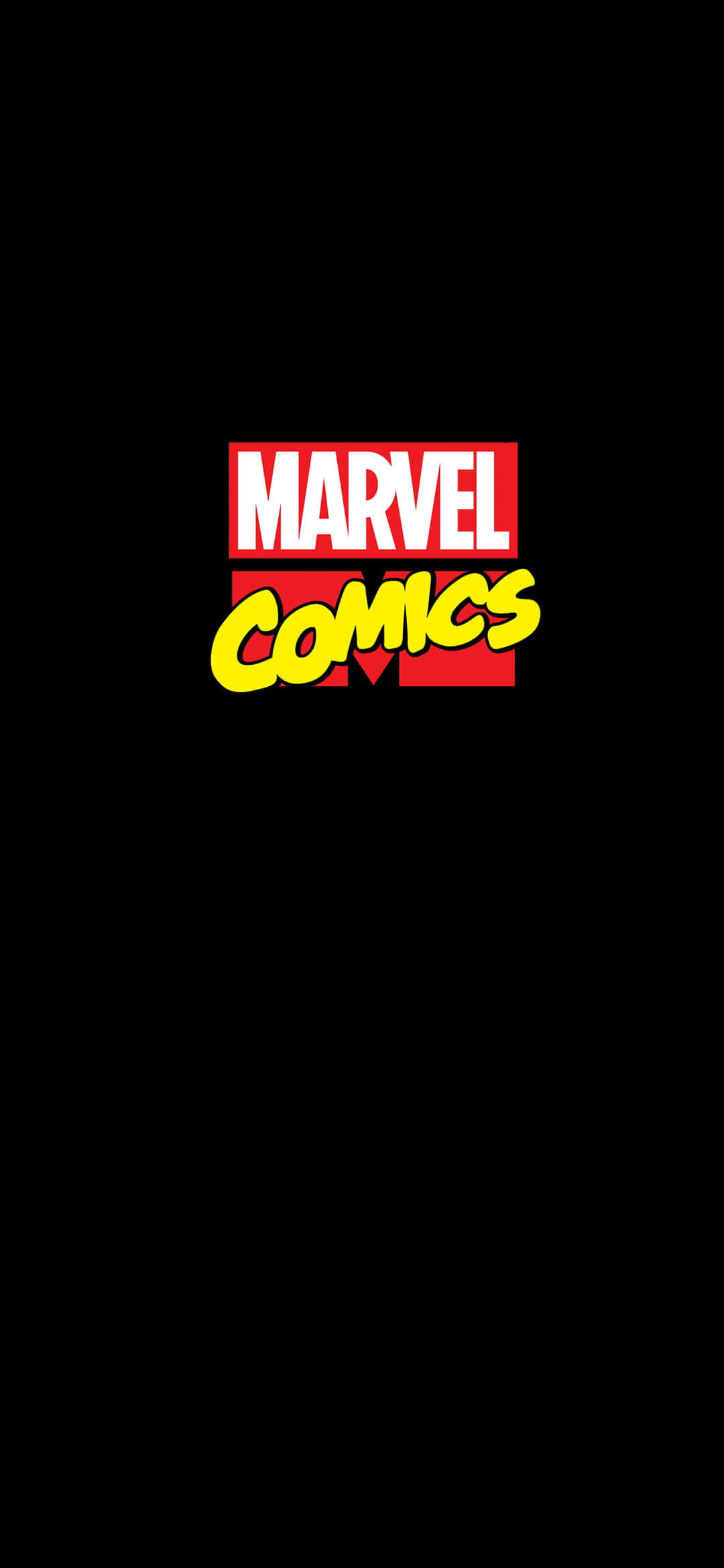 像素 3XL 馬克漫威漫畫背景 壁紙 — 大膽的紅色和黃色Marvel Comics標誌居中在純黑色背景上。