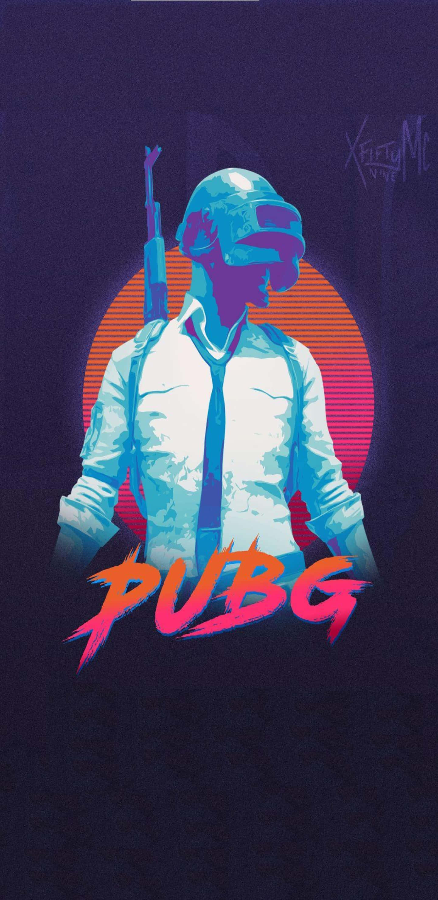 像素3XL《絕地求生》背景：邁阿密風情海報 壁紙 — 一個風格化的PUBG士兵，以藍色和紫色色調站在發光的橙色太陽前，下方有遊戲標誌。
