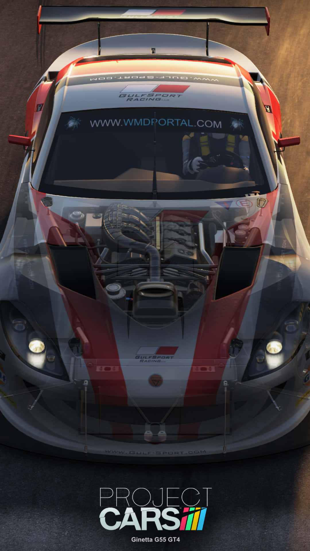 像素3xl Project Cars 背景：灰紅相間阿斯頓·馬丁V8 Vantage GT3 壁紙 — 從高角度拍攝的紅色和銀色Ginetta G55 GT4賽車，透過擋風玻璃可以看到外露的引擎和車手。