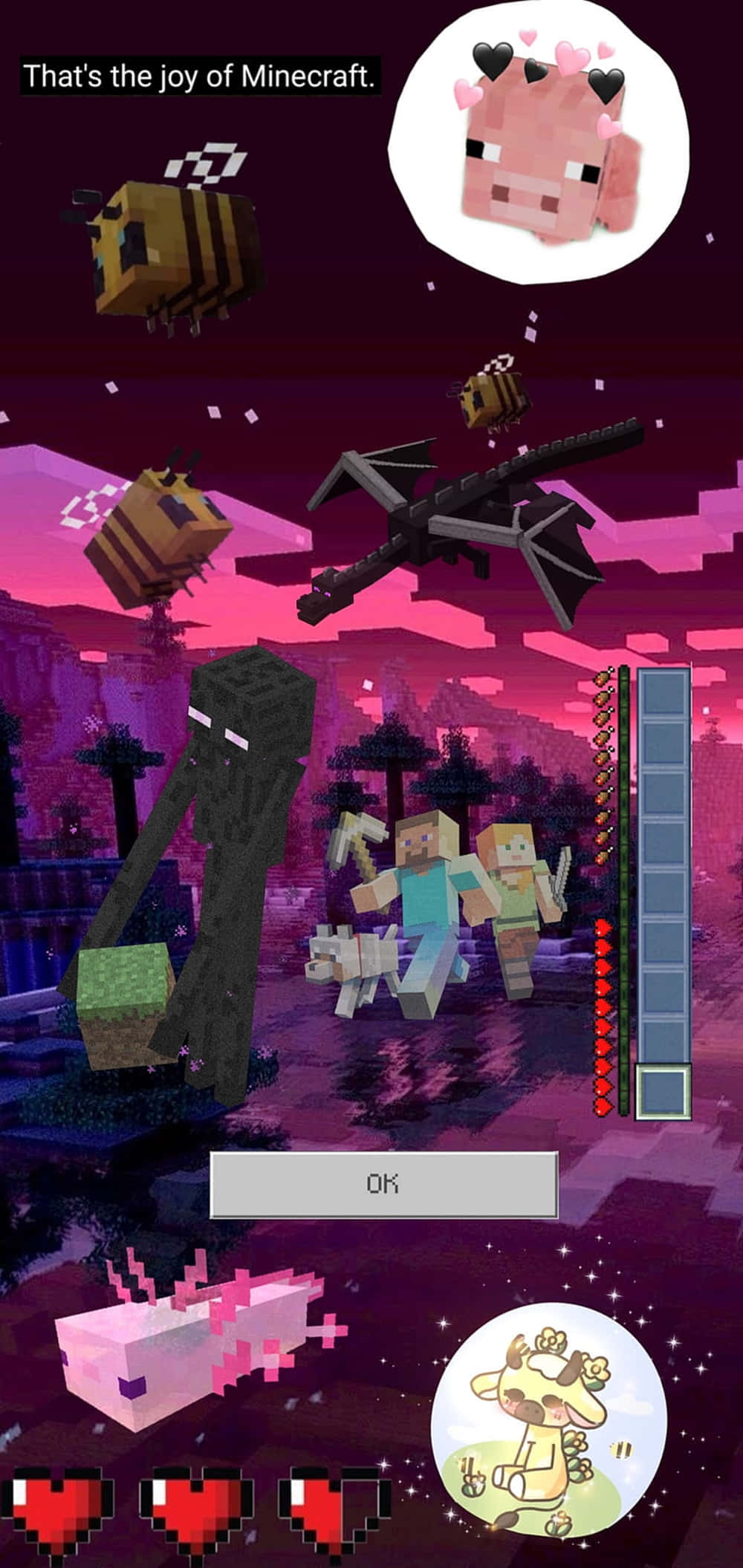 像素 3XL《我的世界》背景：粉黑配色 壁紙 — 像素化的Minecraft角色在充滿浮動心形和遊戲UI元素的鮮豔粉紅色天空下與蜜蜂和龍戰鬥。