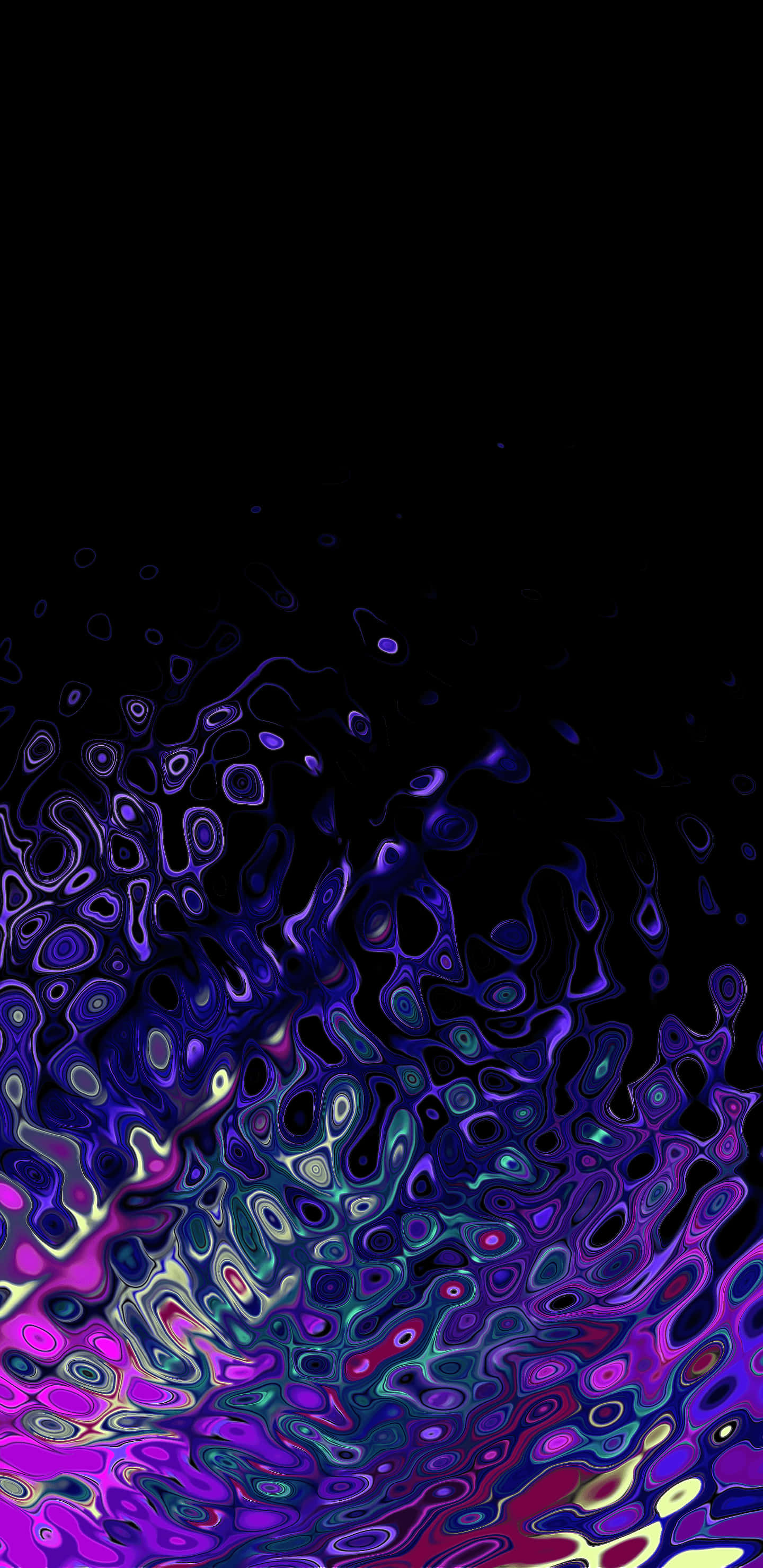 3XL 抽象 AMOLED 深色背景 壁紙 — 充滿活力的紫色、藍色和粉紅色漩渦星雲從黑色虛空中爆發，呈現迷幻數位藝術風格。
