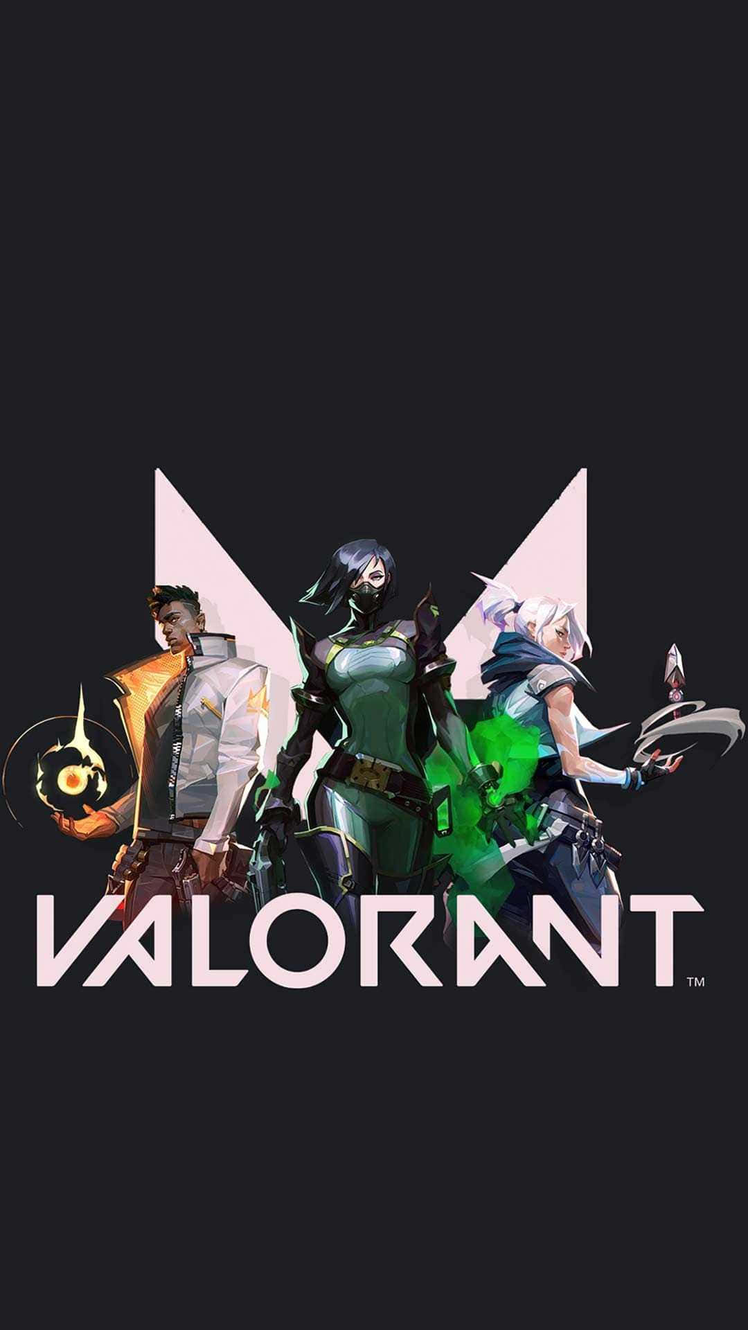 像素3XL《Valorant》背景中的遊戲角色 壁紙 — 三名 Valorant 特工在黑暗背景下蓄勢待發，手持發光武器，下方有遊戲標誌。