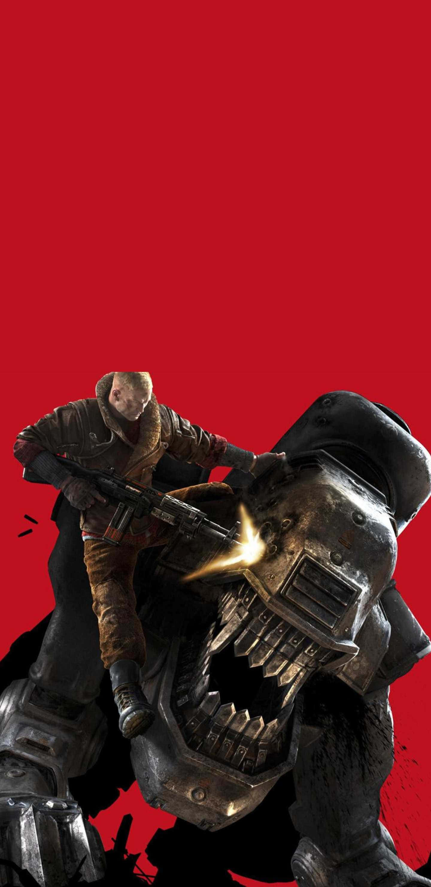 像素3XL《Wolfenstein II》背景：Panzerhund 1960戰鬥場景 壁紙 — 一名身穿堅固裝備的士兵在鮮紅色背景下向一隻怪物般的裝甲生物開火。