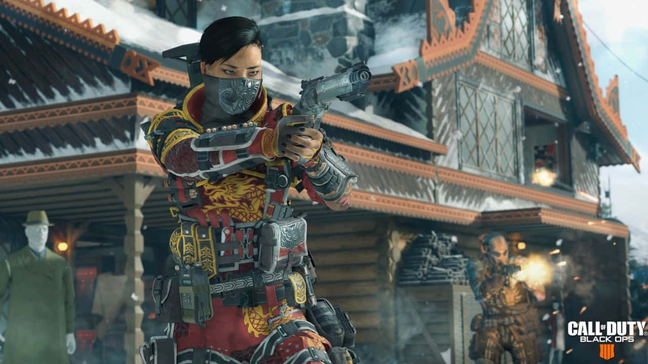 準備迎戰《決勝時刻：黑色行動4》 壁紙 — 一名身穿華麗紅金盔甲的士兵在雪中的日式建築內用手槍瞄準，進行槍戰。