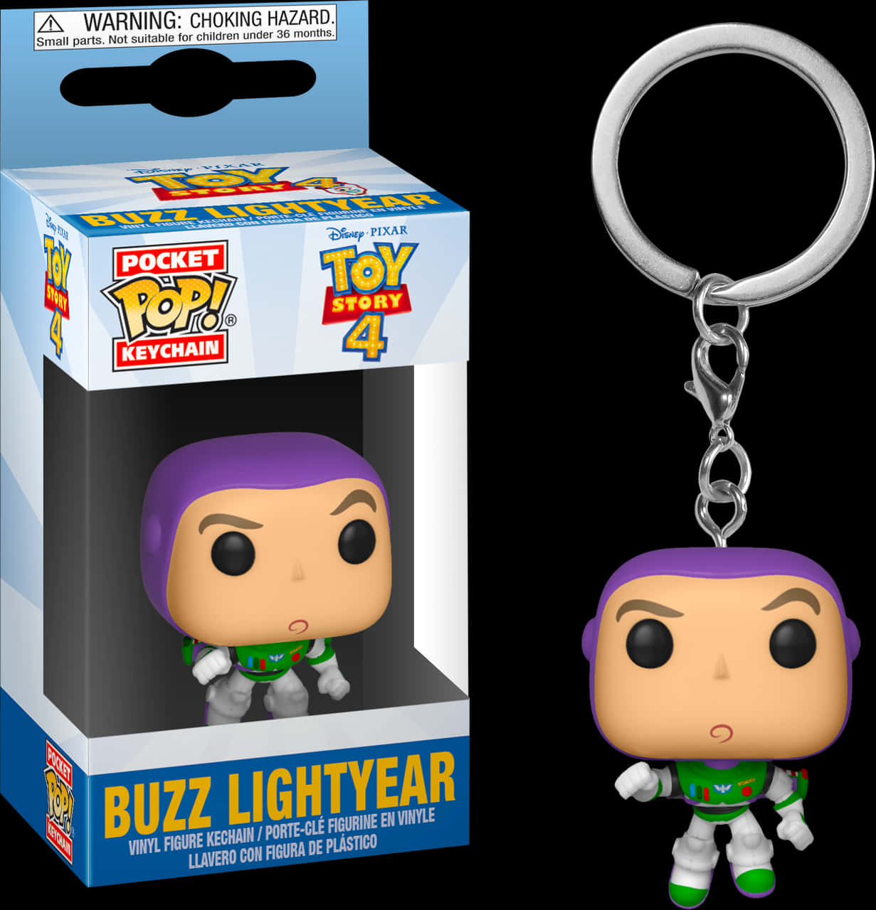 《玩具總動員4》巴斯光年 Funko Pop! 鑰匙圈 壁紙 — 一個來自《反斗奇兵4》的巴斯光年 Funko Pop! 鎖匙扣，在黑色背景上與其原裝包裝一同展示。