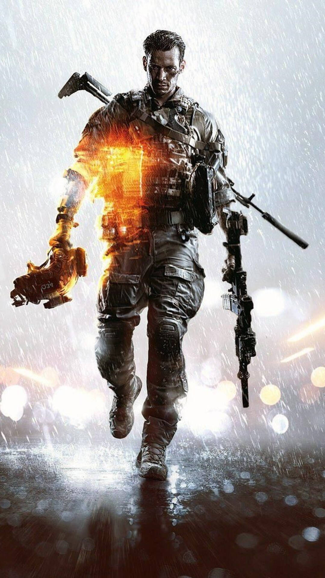 雨中行走的雷克軍官《戰地4》手機壁紙 壁紙 — 一名身穿濕透裝備的士兵向前邁進，左臂和武器爆發出熾熱的橙色能量。
