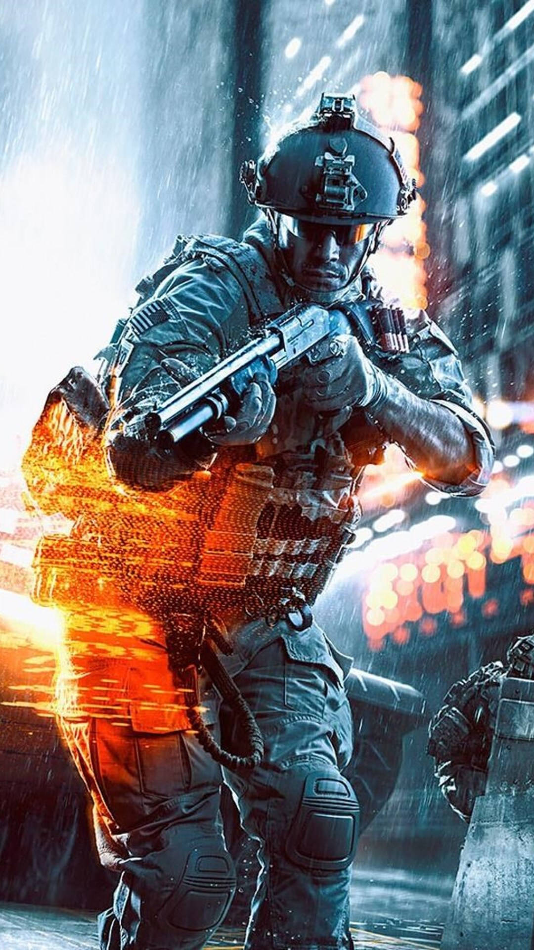 戰場4手機版士兵開槍 壁紙 — 一名身穿戰術裝備的士兵在雨中及火焰爆炸中，於霓虹燈照亮的城市戰場上開火。
