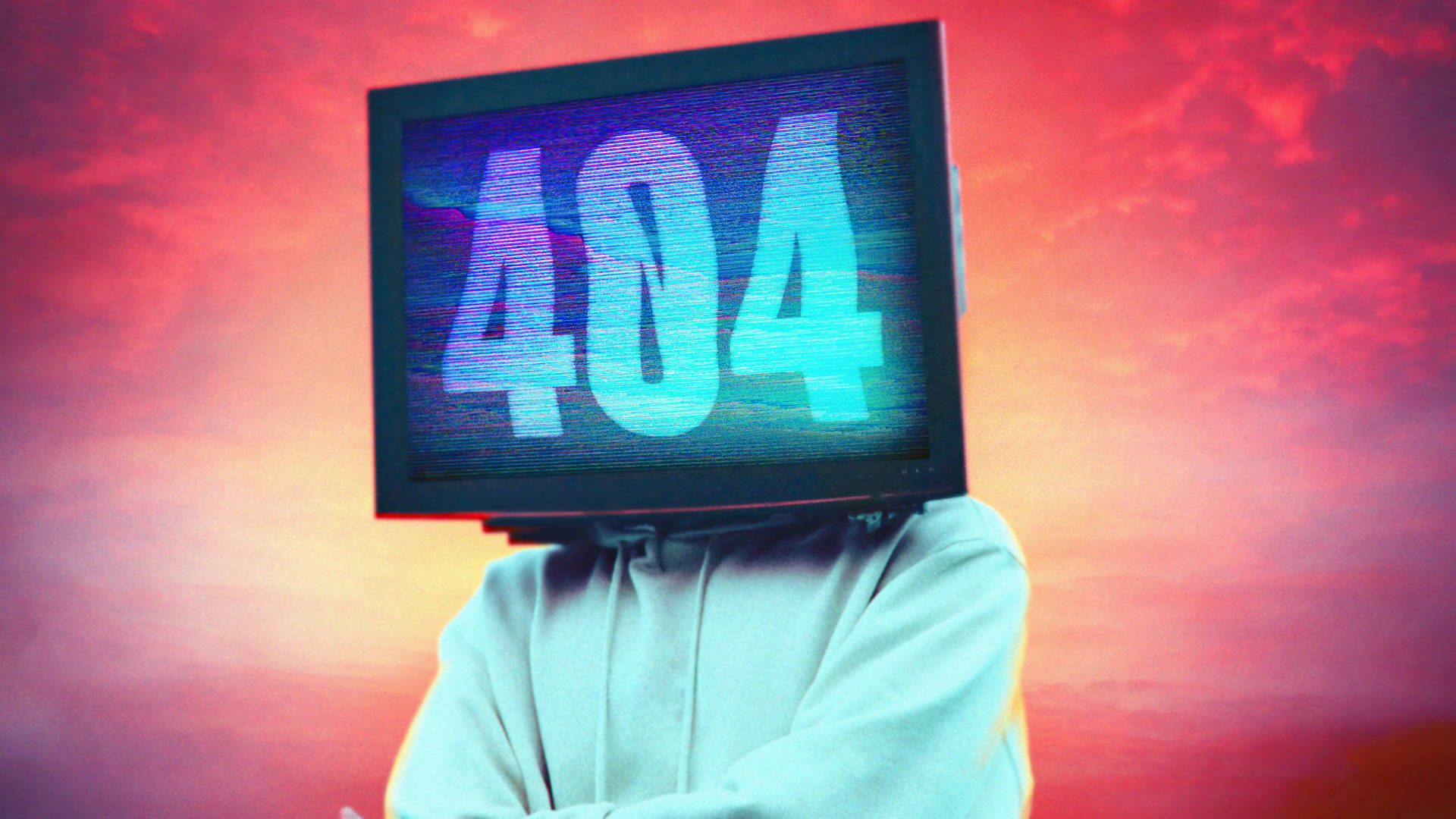 頭部為電視的人顯示404錯誤，背景為日落天空