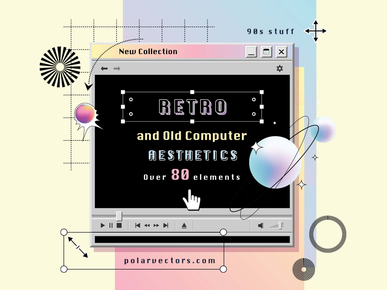 復古電腦視窗，帶有「RETRO and Old Computer AESTHETICS」文字和漂浮的抽象形狀。