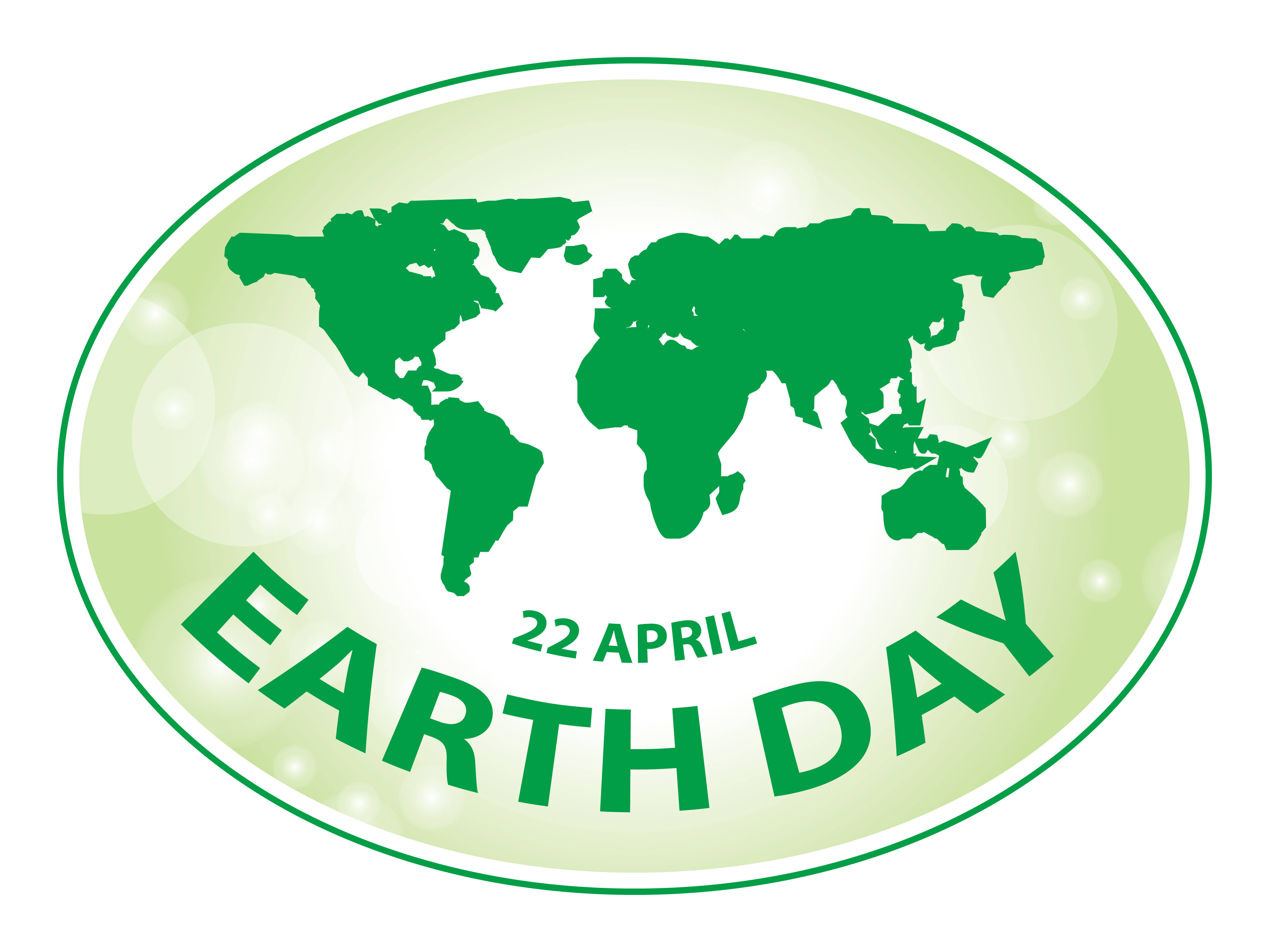 擁抱地球——地球日，4月22日 壁紙 — 一個綠色橢圓形標誌，帶有世界地圖輪廓和粗體文字，宣佈4月22日為地球日。