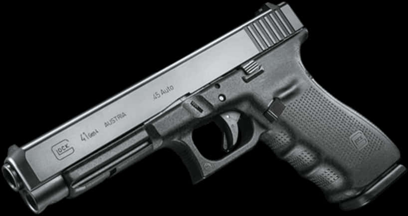 格洛克45自動手槍 壁紙 — 一把時尚的銀色 Glock 41 Gen4 手槍，帶有 '45 Auto' 刻字，斜靠在純黑背景上。