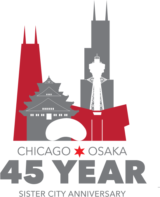 芝加哥與大阪姐妹城市45週年紀念圖案 壁紙 — 以紅、灰、白色呈現芝加哥與大阪地標的風格化圖案，慶祝姊妹城市夥伴關係45週年。