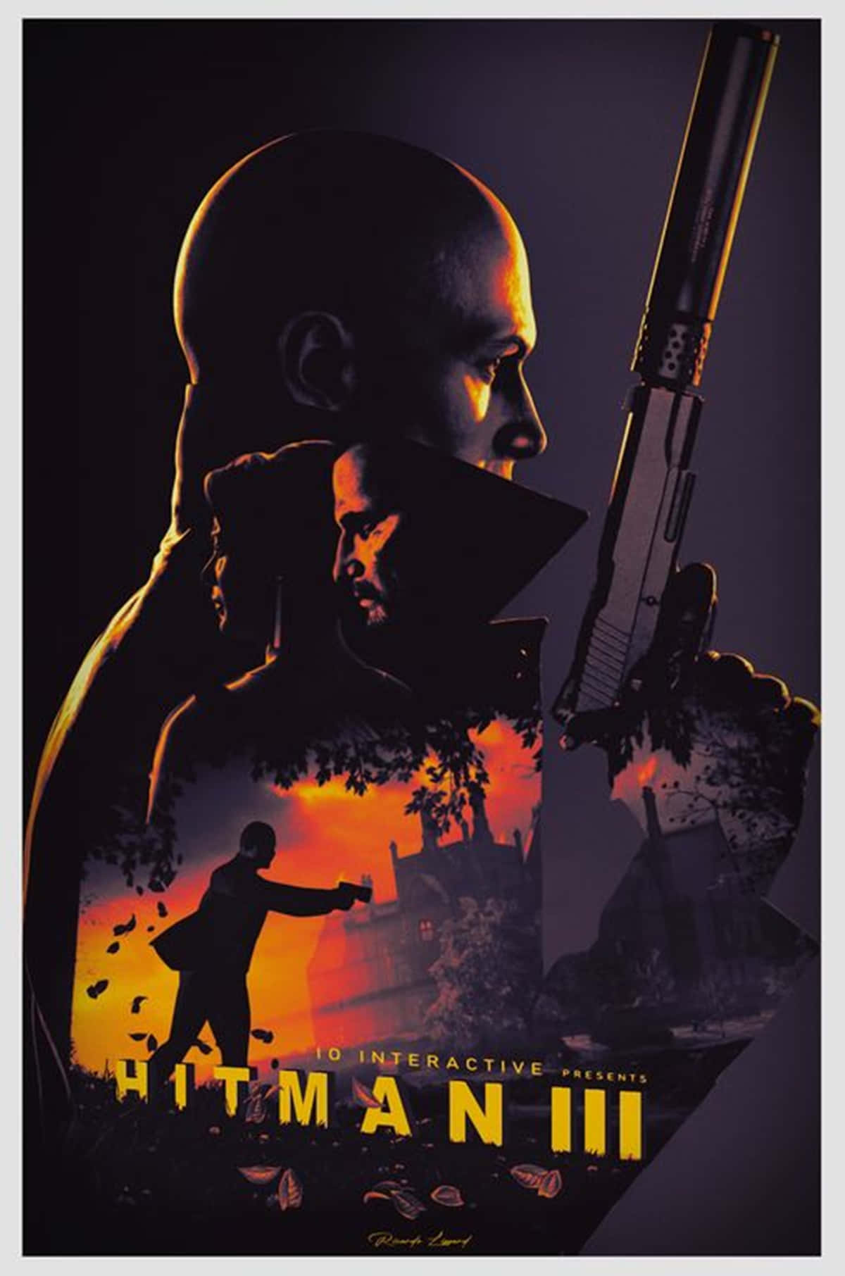 《Hitman III》遊戲海報，展示一名光頭刺客在熾熱的日落背景下持槍。
