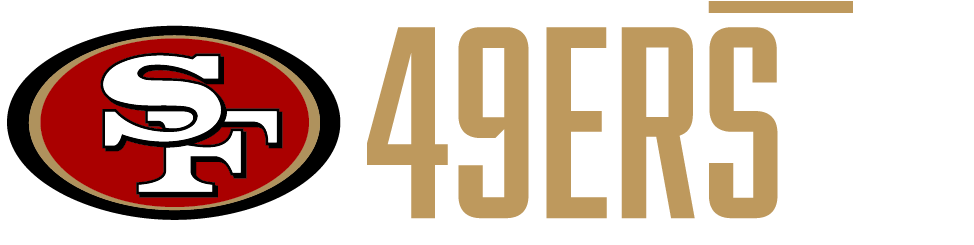 49ers Fit標誌 壁紙 — 大膽嘅三藩市49人隊標誌同文字，紅、金、白色，黑色背景。