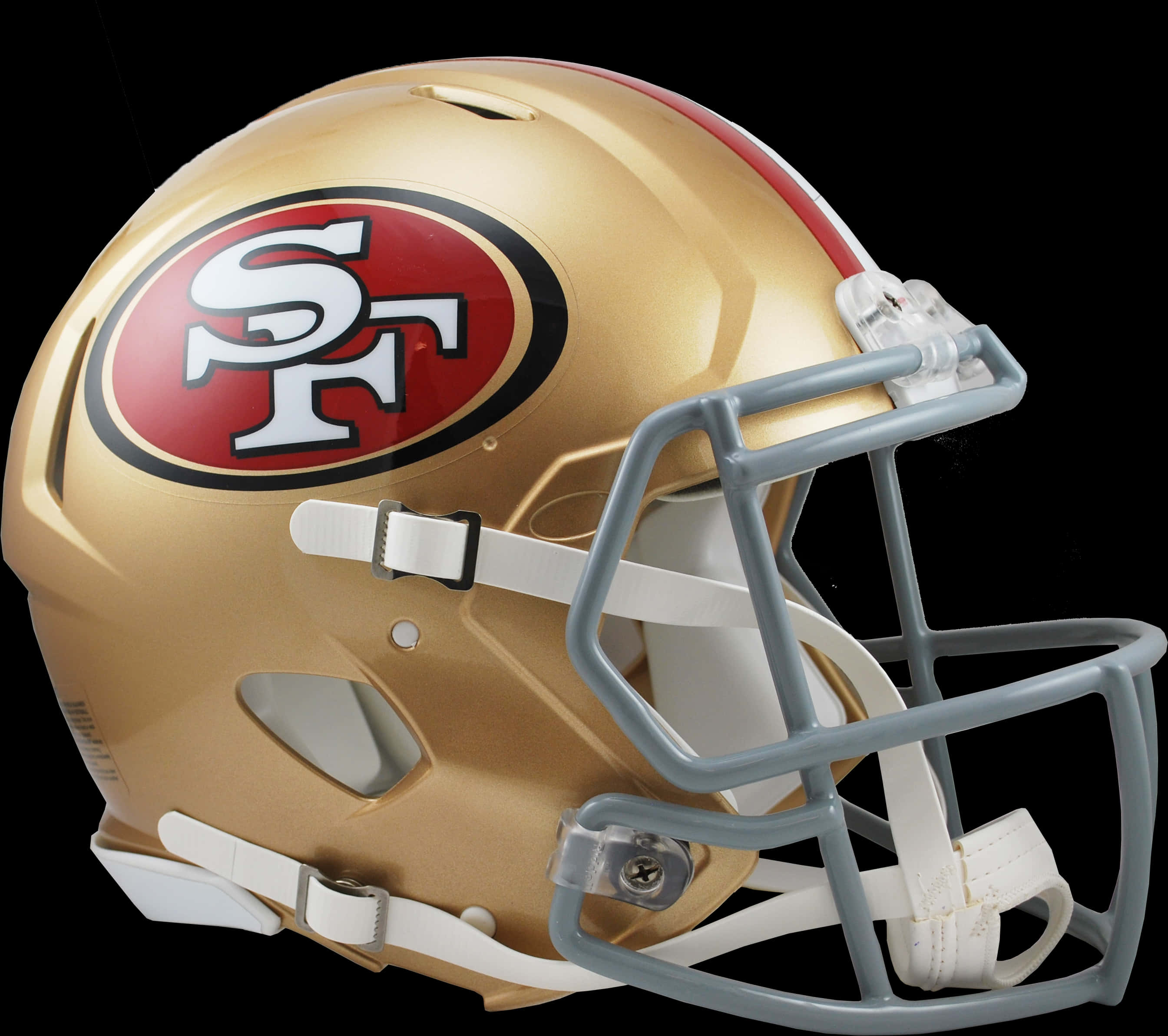 49ers金色頭盔配隊標 壁紙 — 閃閃發光的金色三藩市49人隊美式足球頭盔，帶有紅、白、黑標誌，背景為黑色。
