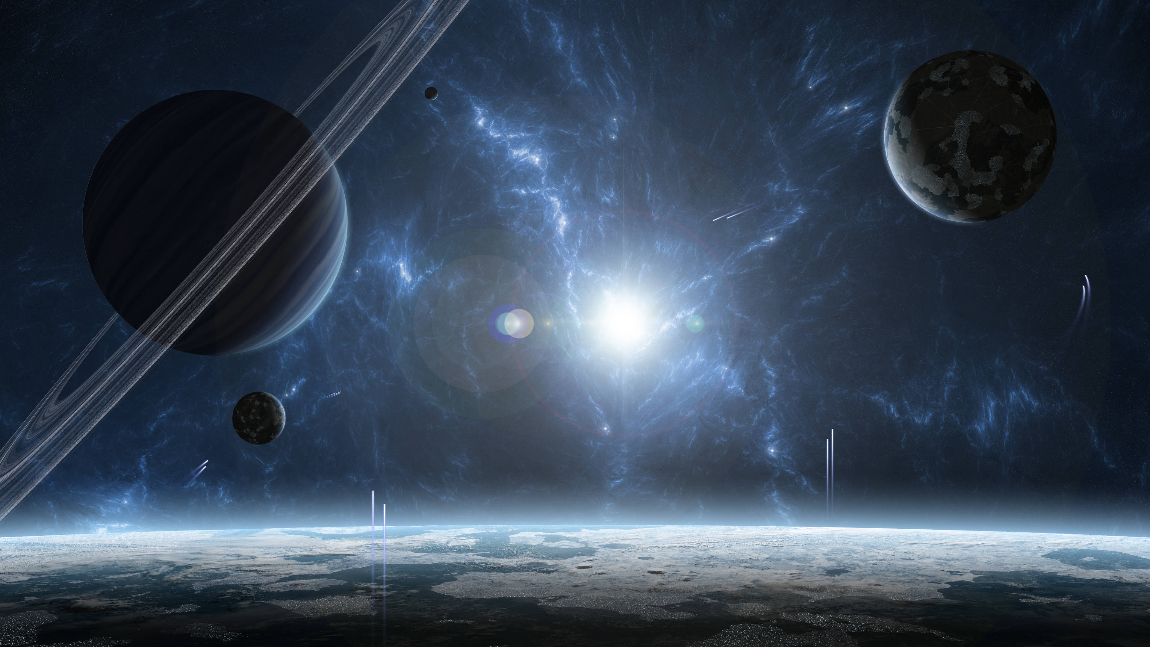 4D 超高清暗色太空 壁紙 — 宇宙景觀顯示行星和環繞著一顆明亮恆星運行，背景是充滿星雲的夜空。