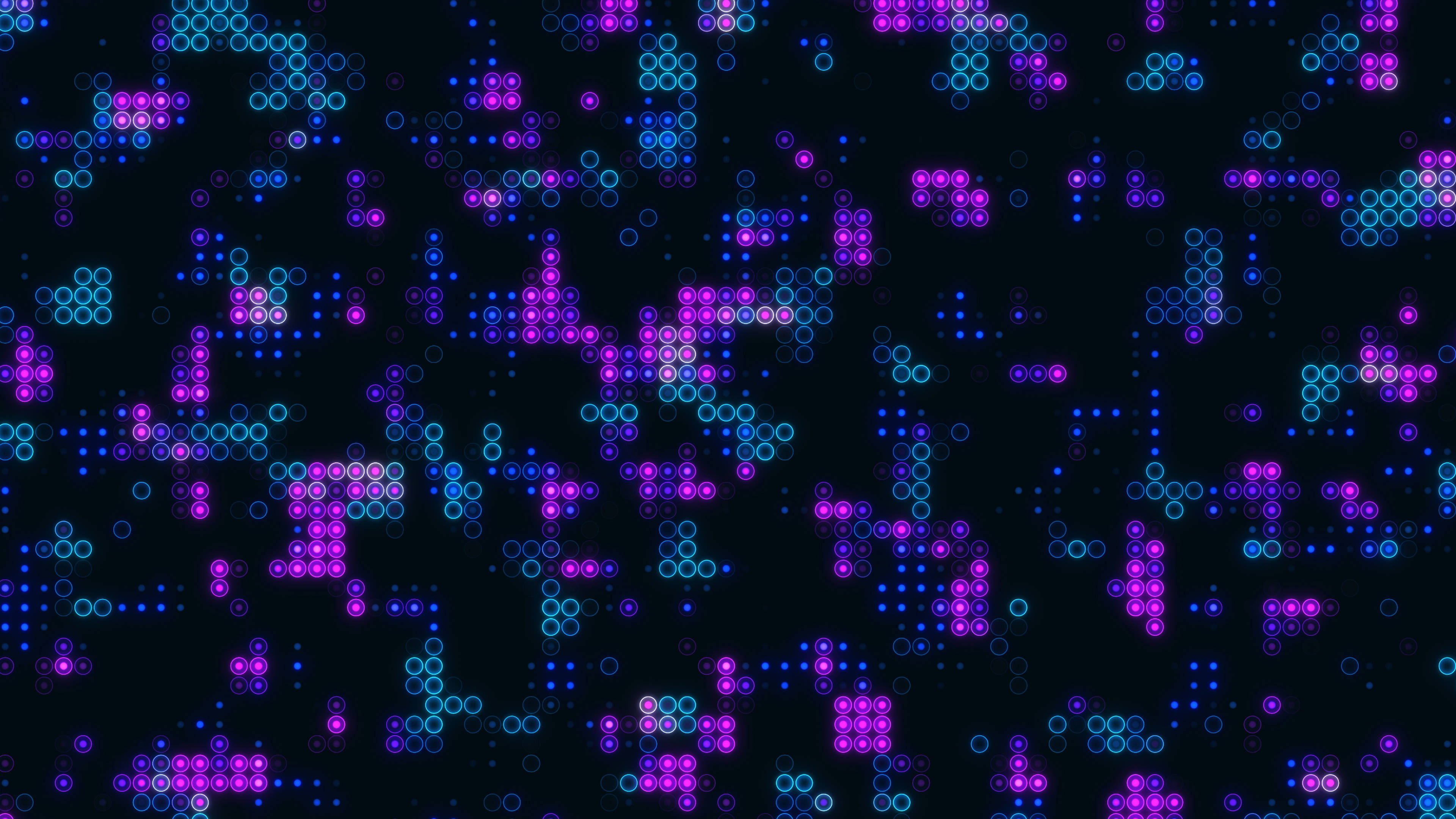 4D 超高清 Vaporwave 點陣 壁紙 — 鮮豔的紫色和青色像素化點在深色背景上形成抽象的發光圖案。