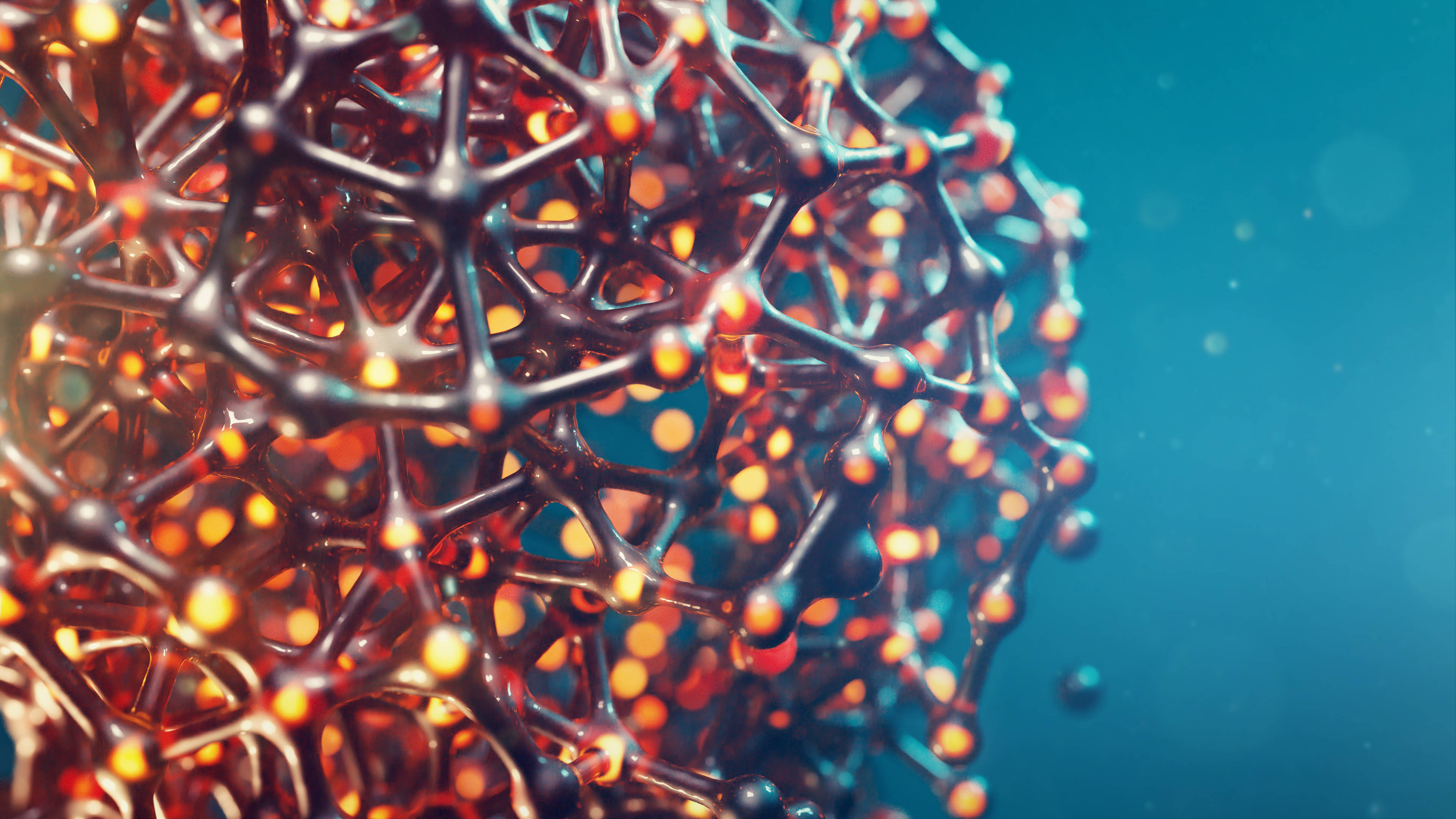 4D 超高清分子結構 壁紙 — 一個發光的橙色和黑色分子結構漂浮在深藍色漸變背景上，帶有柔和的光粒子。