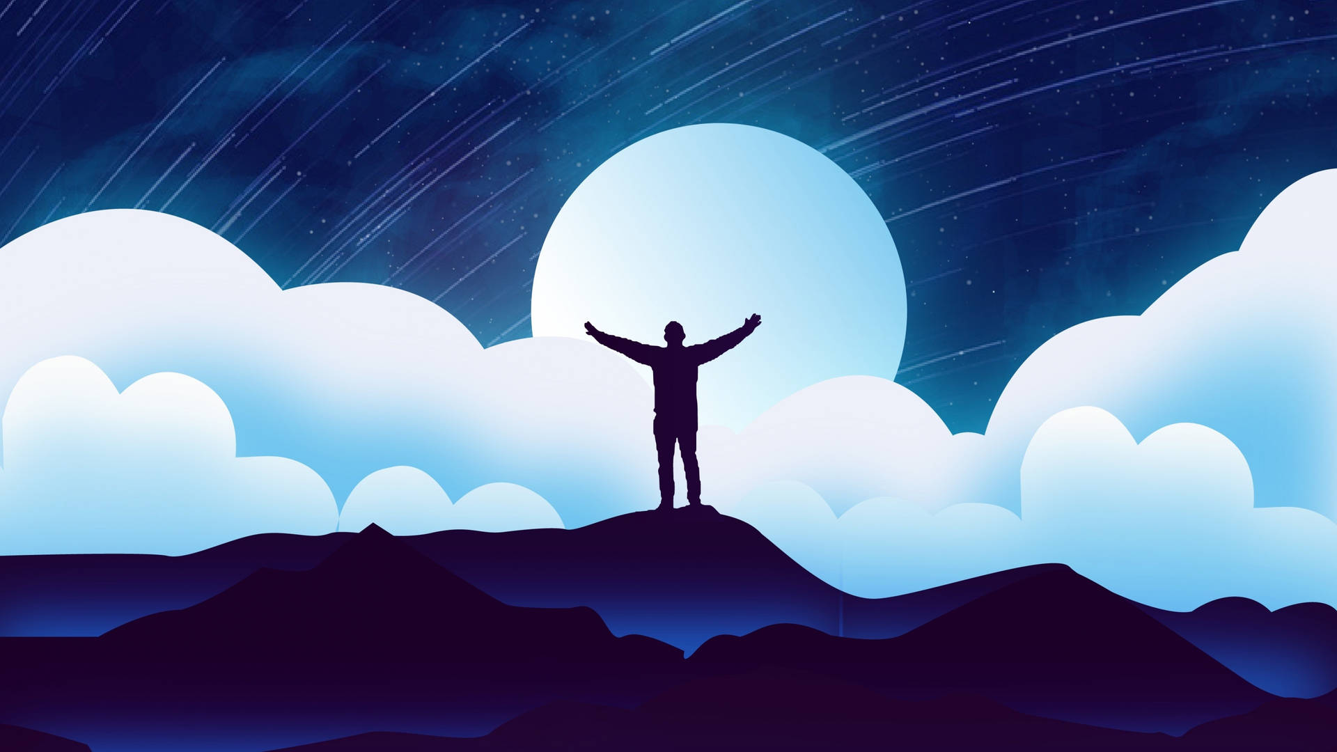 在星光熠熠的夜空下，站在山頂上雙臂高舉的人，伴隨著發光的月亮。