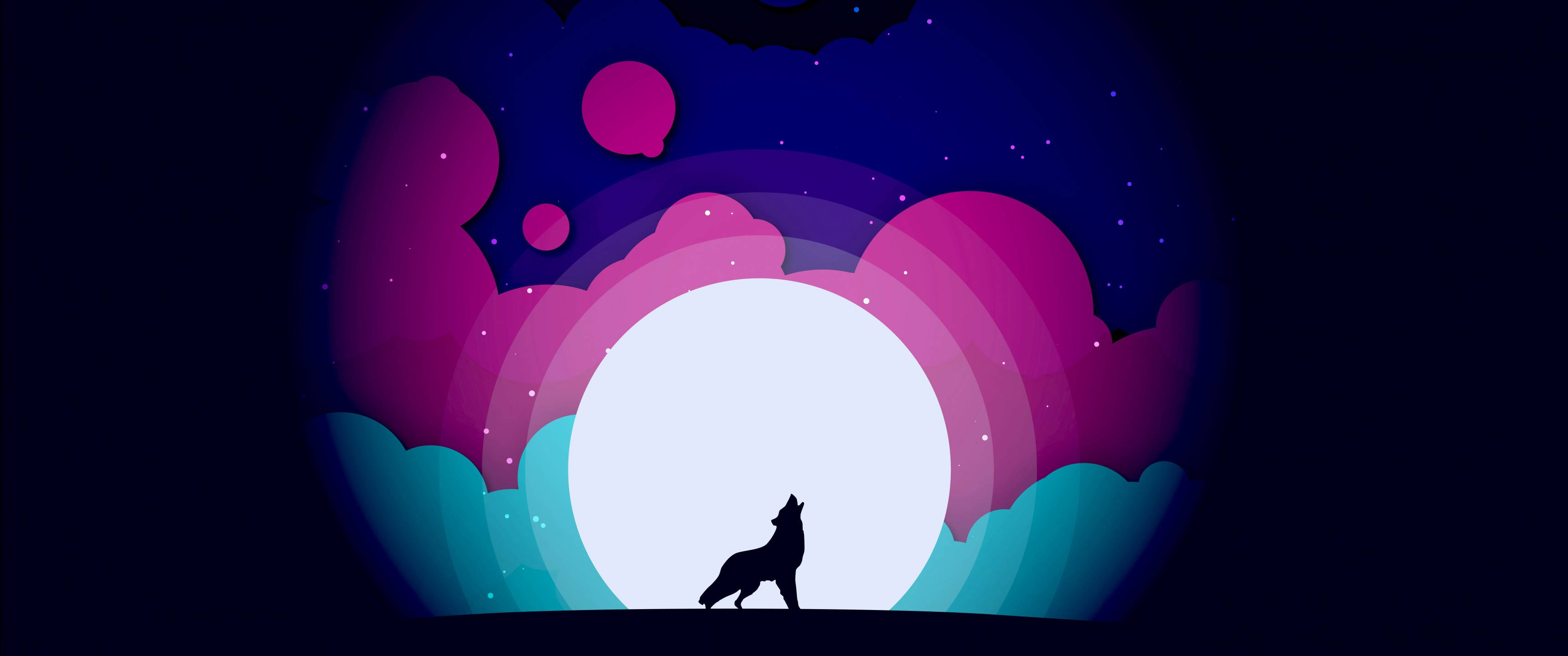 4D 超高清白月狼 壁紙 — 一隻孤狼的剪影在繁星點點的夜空下，對著被鮮豔紫色和青綠色雲朵環繞的發光月亮嚎叫。