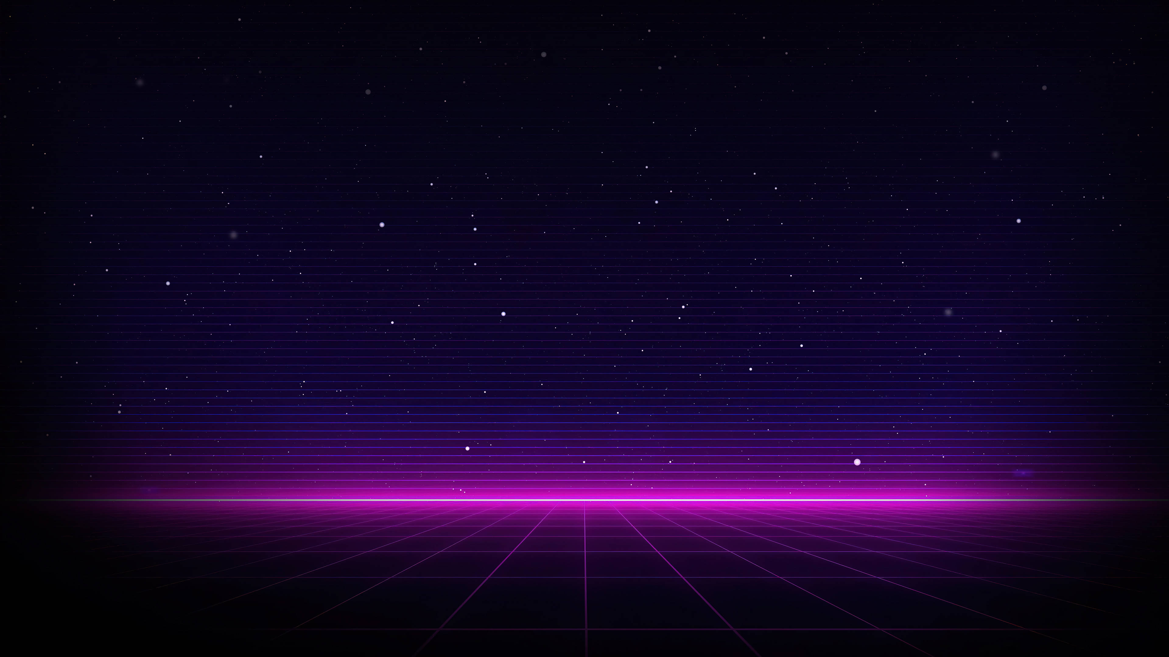 4D 超高清經典粉紅地平線 壁紙 — 發光的紫色網格延伸到星空夜空，數碼線條和像素化星星營造出復古未來主義場景。