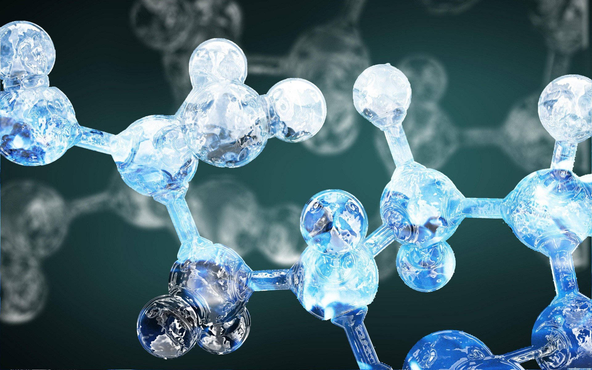 藍色玻璃狀分子結構漂浮在深藍綠色實驗室環境中。