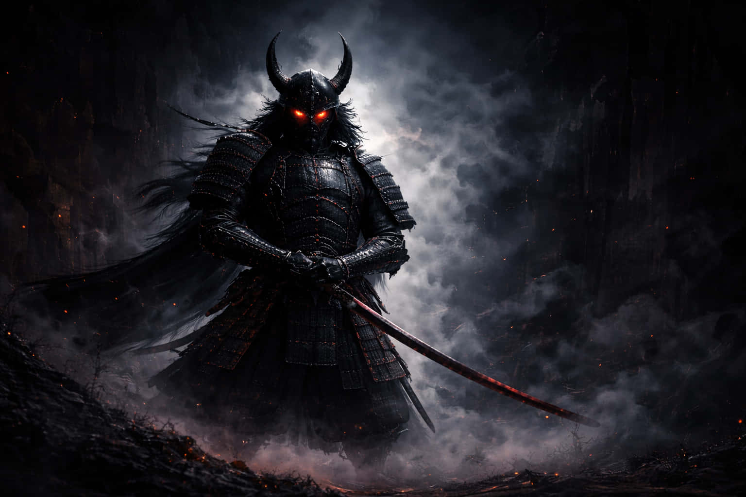 黑暗風格武士戰士 4K 桌面壁紙 – 戲劇性陰影英雄，橫向 16:9 壁紙 — 一個有角的武士穿著黑色盔甲，眼睛發出紅光，在煙霧瀰漫的黑暗風景中威風凜凜地站著，手持血淋淋的劍。