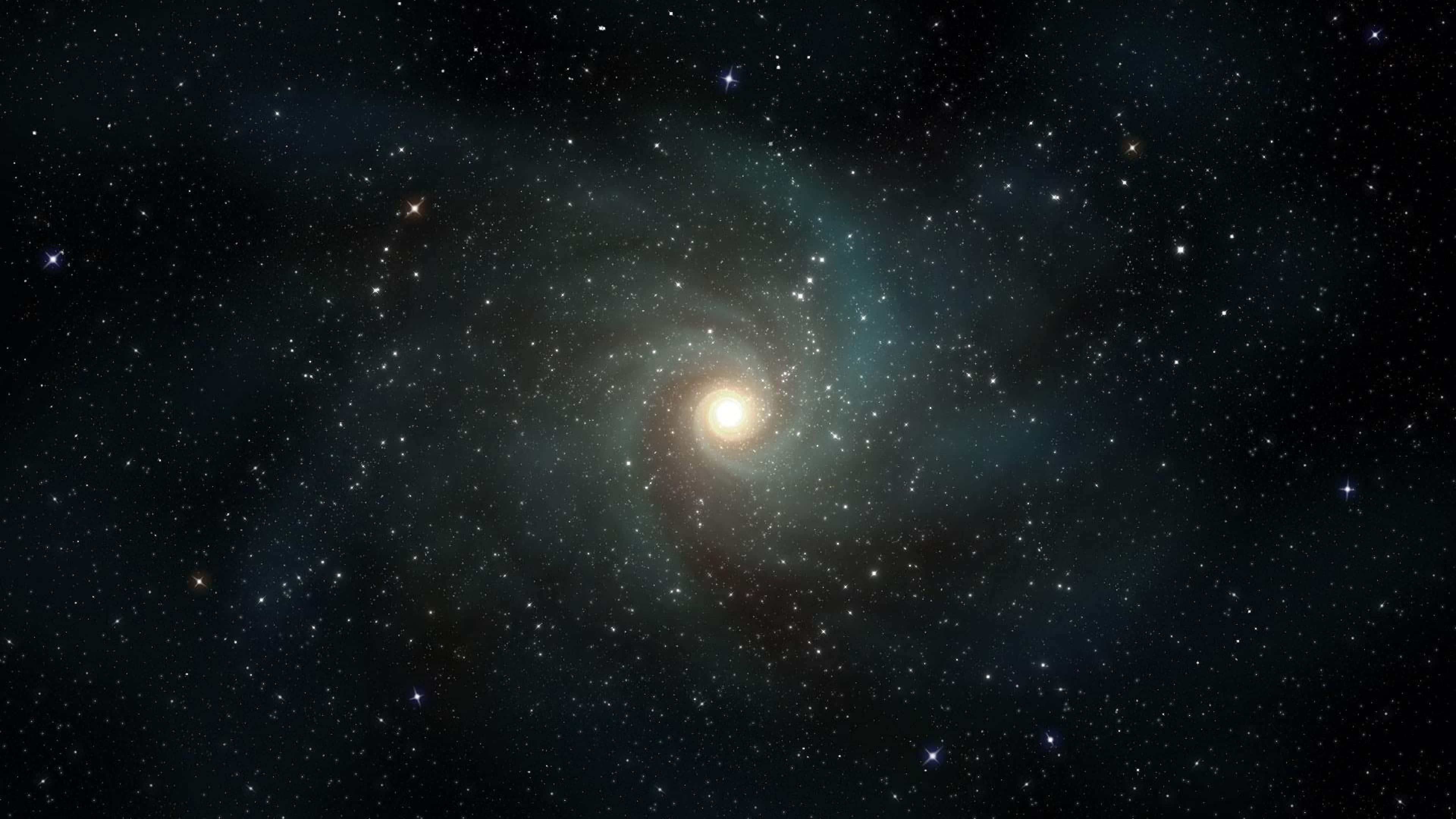 4K星系螺旋氣體絲線 壁紙 — 一個明亮的螺旋星系，帶有旋轉的藍綠色和金色旋臂，在星空背景下發光。
