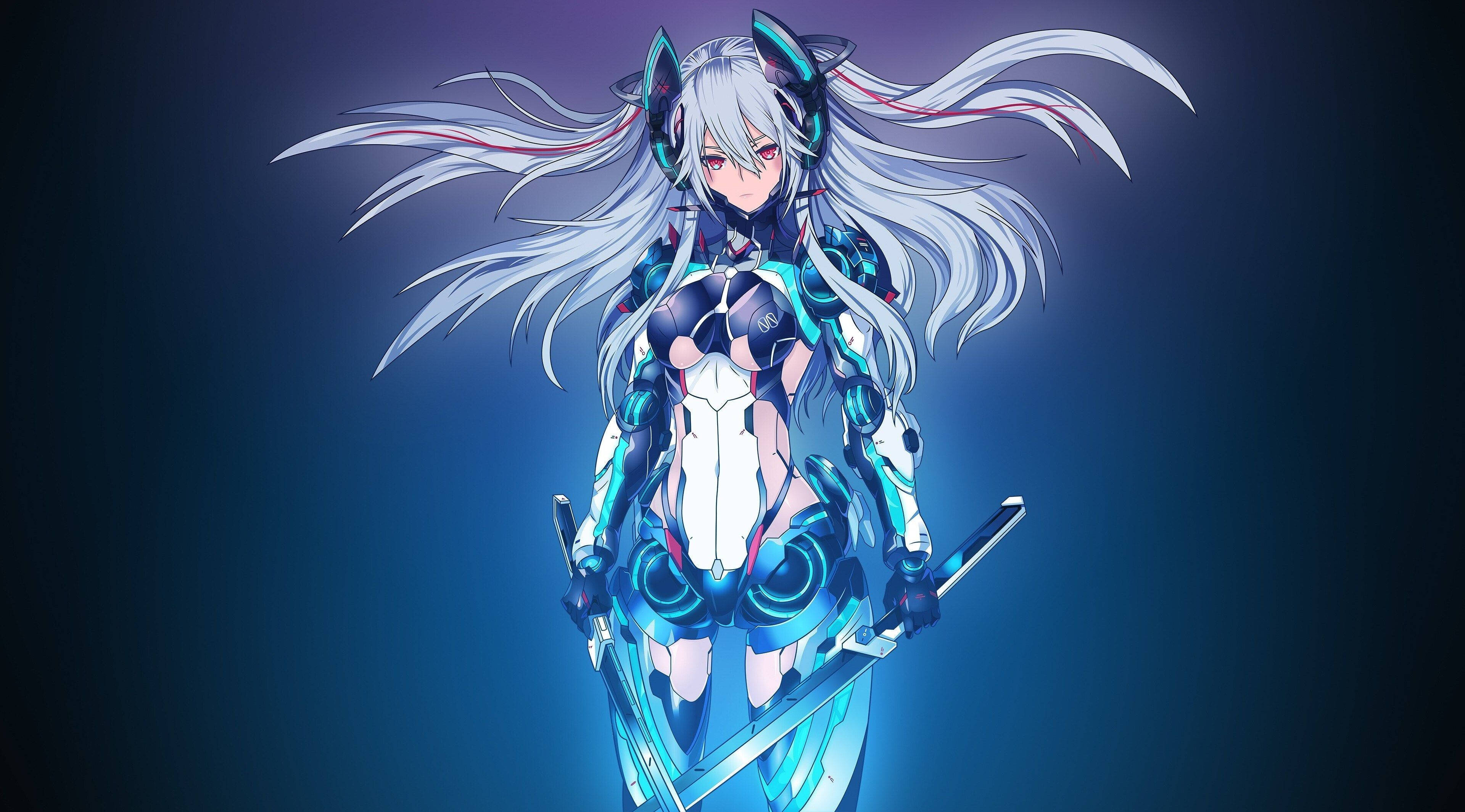 4K 電視壁紙 動漫少女機甲服 壁紙 — 一個擁有銀色頭髮和發光藍色裝甲的賽博格動漫女孩，手持雙劍，站在深藍色漸變背景前。