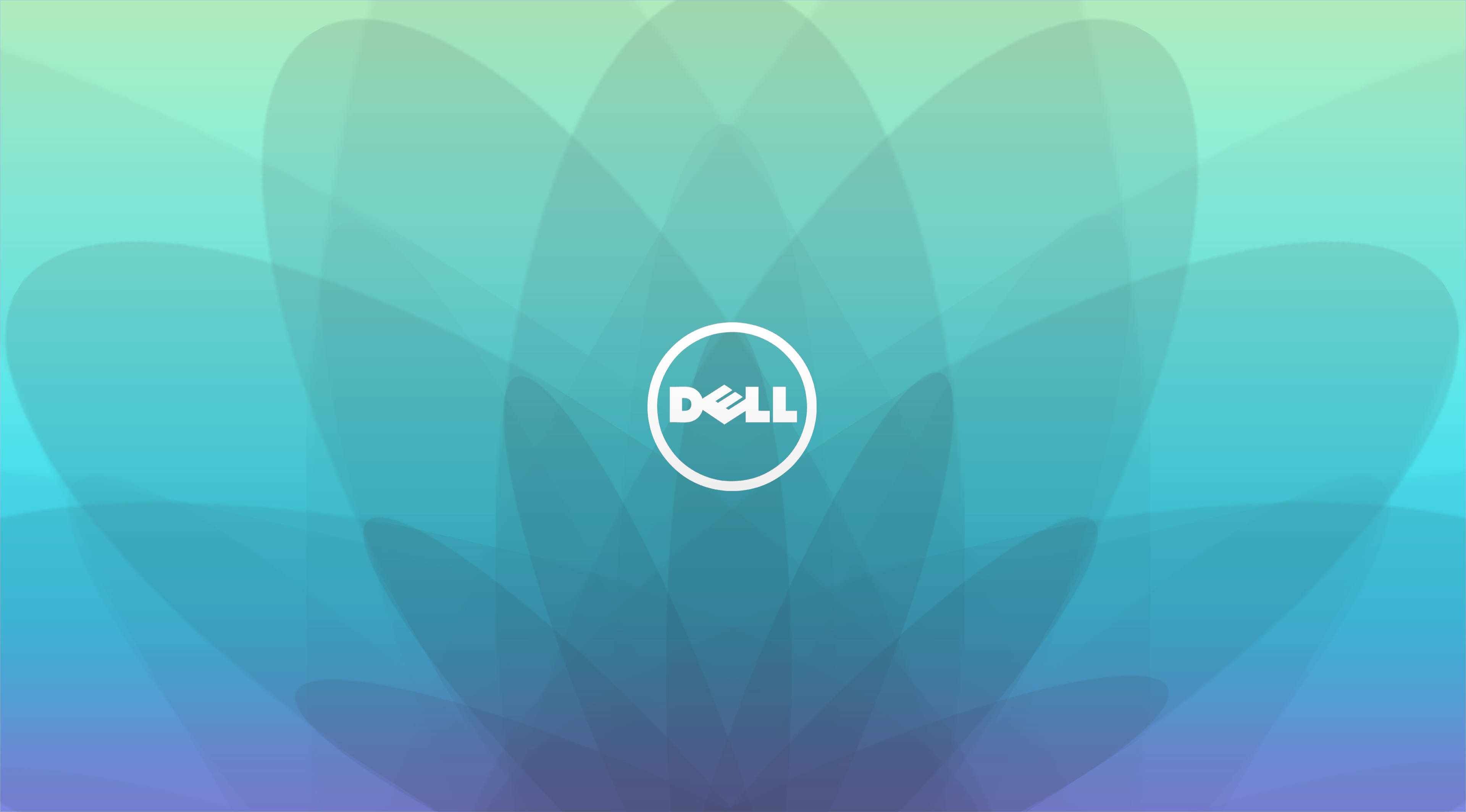 酷炫戴爾 4K 背景 壁紙 — Dell 標誌居中於柔和漸變背景上，帶有青綠色和藍色調的分層花瓣狀形狀。