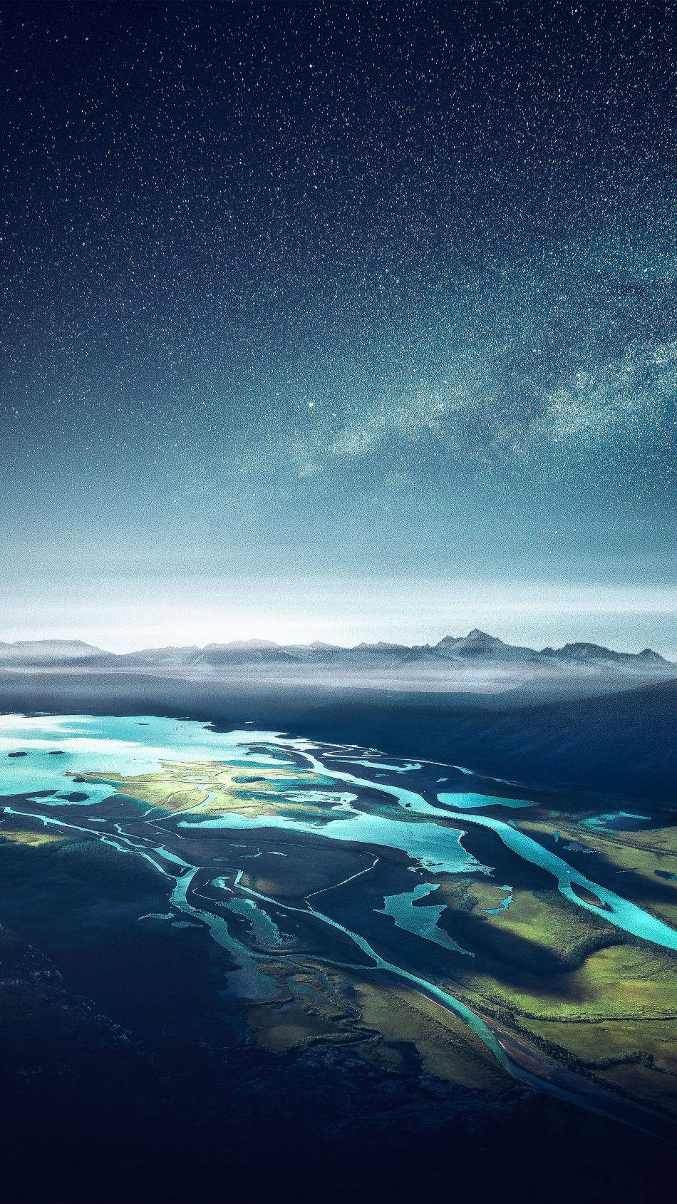 星空山河4K高清手機壁紙 壁紙 — 星空夜空下，發光的綠松石河流蜿蜒穿過霧氣山谷的鳥瞰圖，銀河系可見。