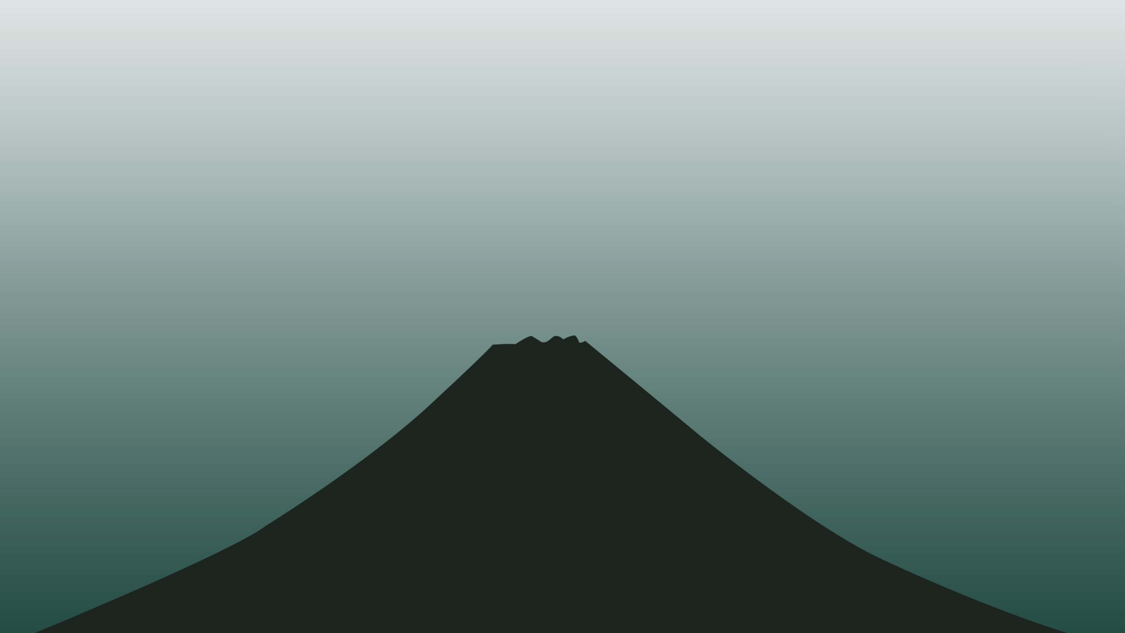 4K極簡火山數位藝術 壁紙 — 富士山的極簡剪影在青綠色和灰色的漸變天空中升起。
