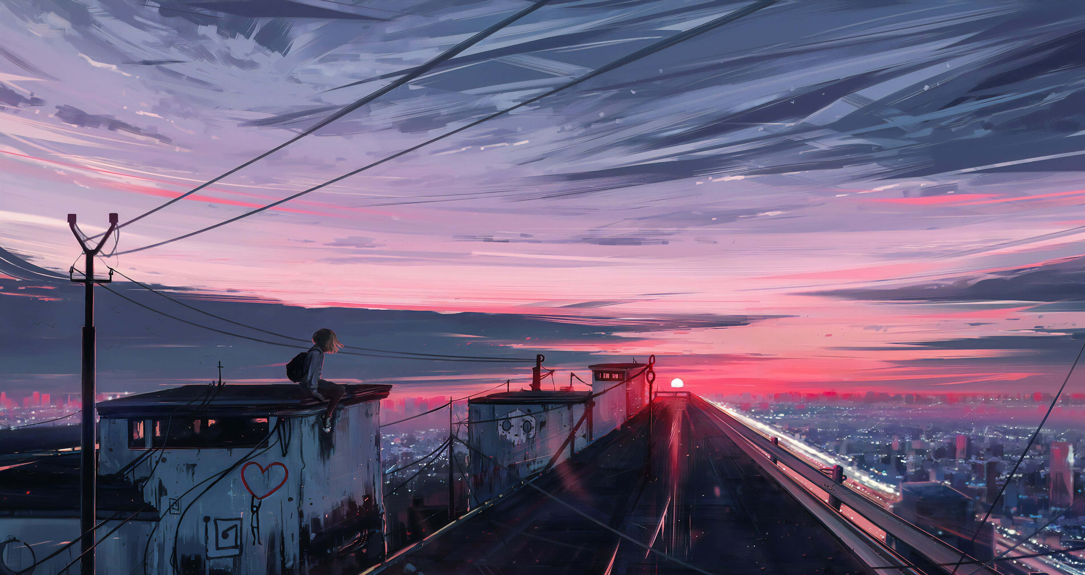 唯美電腦4K夕陽路 壁紙 — 一個孤獨的身影坐在屋頂上，俯瞰著日落時分廣闊的城市，天空呈現鮮豔的粉紅色和紫色。