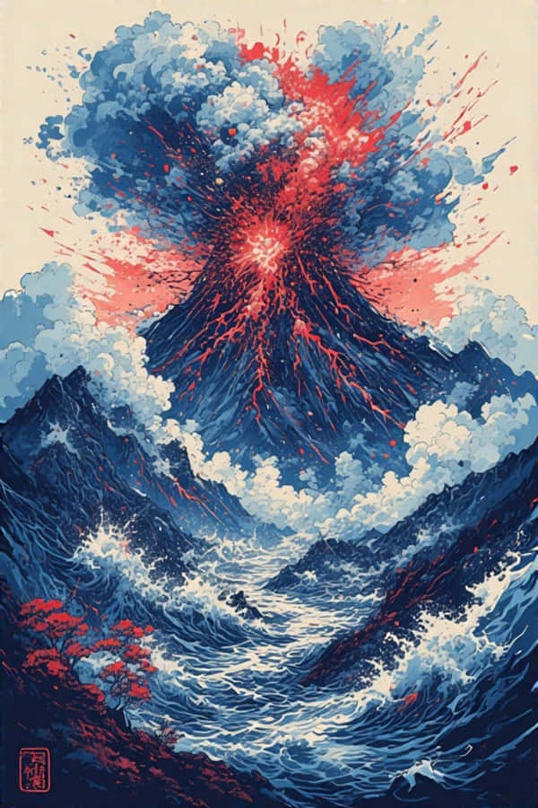 烏溪沙火山爆發壯觀 4K 壁紙 — 一個風格化的火山爆發，帶有紅色熔岩和藍色雲朵，主導著一個有波濤洶湧的海浪和紅色樹木的山區海景。